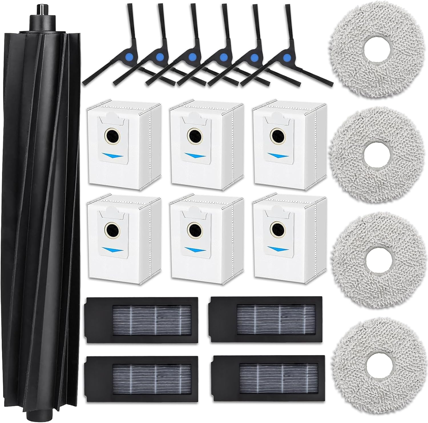 Akcesoria Ecovacs Deebot X2/X2 Omni/X2 Pro/DEX86: 1 Szczotka główna, 4 Ściereczki, 4 Filtry, 6 Szczotek bocznych, 6 Worków zamiennych