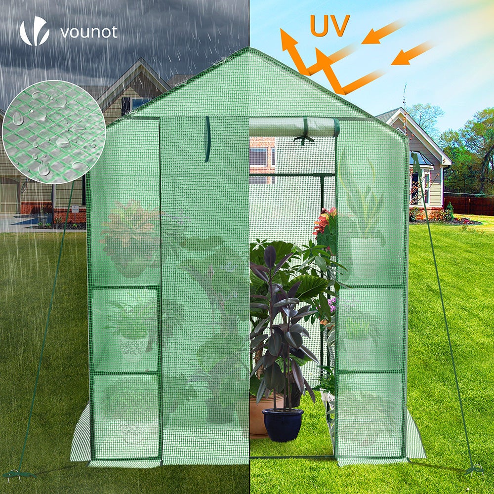 Serre de jardin avec étagères 143x143x195cm vert - bâche renforcée 135g/m², fenêtre moustiquaire, porte enroulable zippée - VOUNOT® - 4
