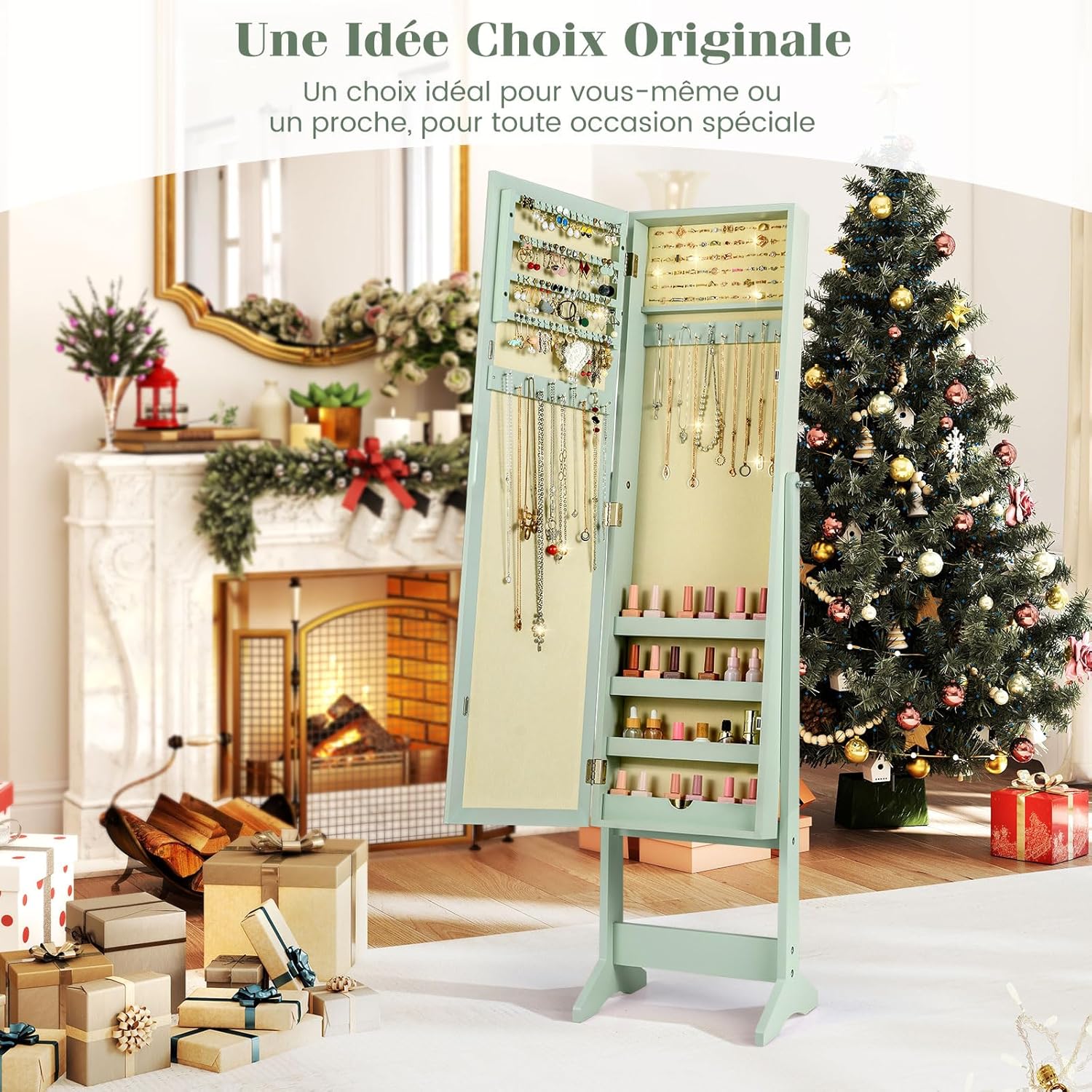 Armoire à Bijoux sur Pied avec Miroir Inclinable en 3 Positions, Armoire de Rangement Cosmétiques de Grande Capacité avec 4 Étagères(Vert) - 5