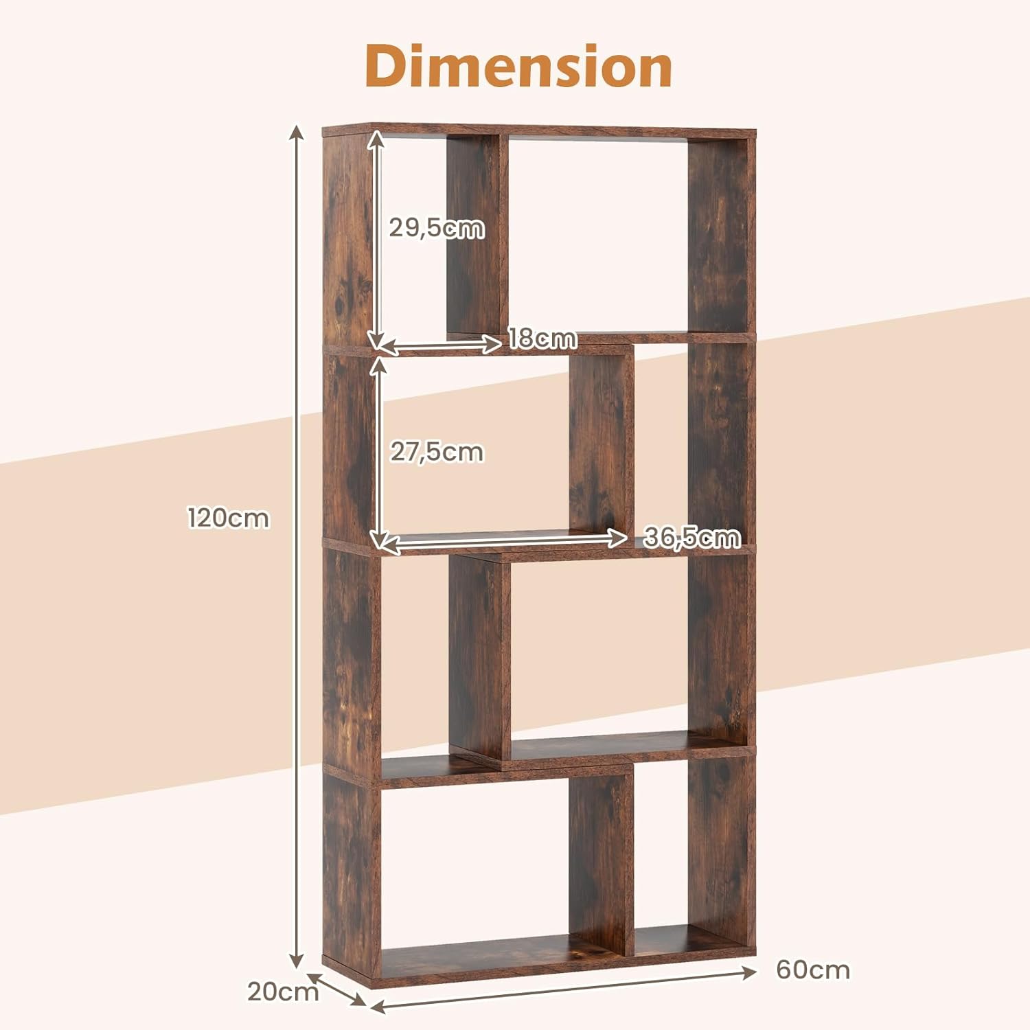 Bibliothèque Étagère à 8 Compartiments Ouvertes, Meuble de Rangement avec Kits Anti-basculement, pour Salon, Bureau, 20x60x120cm, Marron - 2