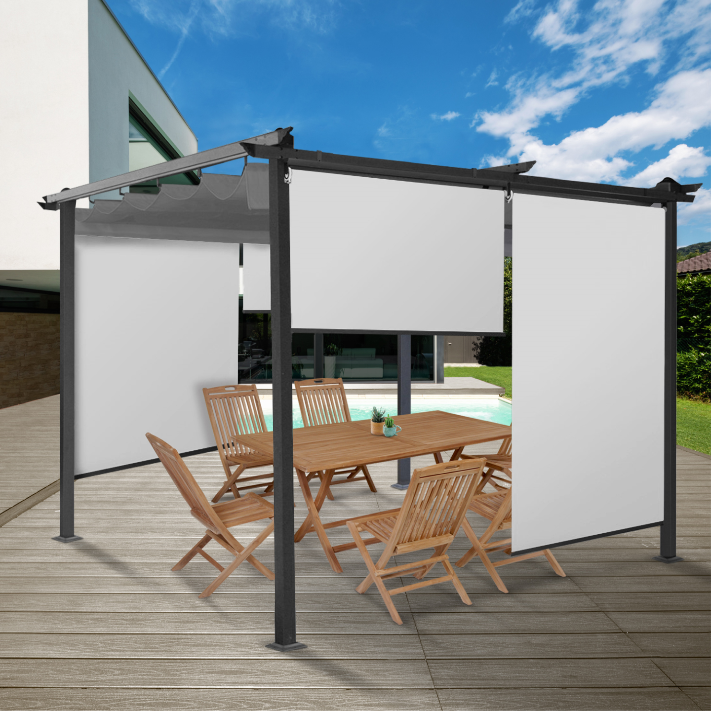 Set Di 2 Tende Avvolgibili Per Pergolato - 124x225 Cm, Grigio Antracite, Tessuto Poliestere, Regolabili A Mano