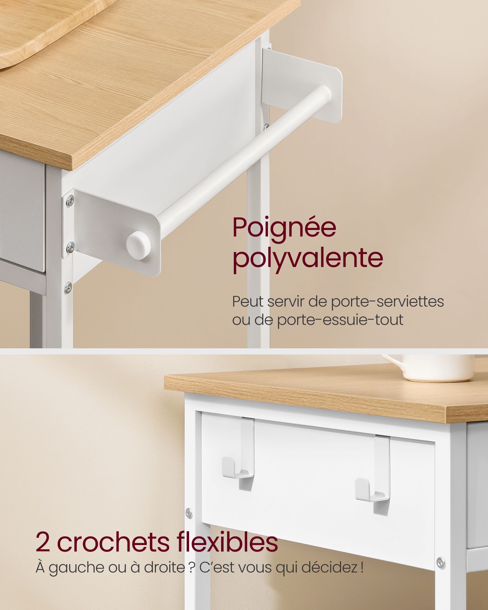 Desserte de Cuisine à Roulettes, Îlot de Cuisine Mobile, 45 x 98,7 x 90 cm, avec Porte-serviettes, 2 Tiroirs, 2 Crochets,Beige Chêne et Blanc Mat - 7