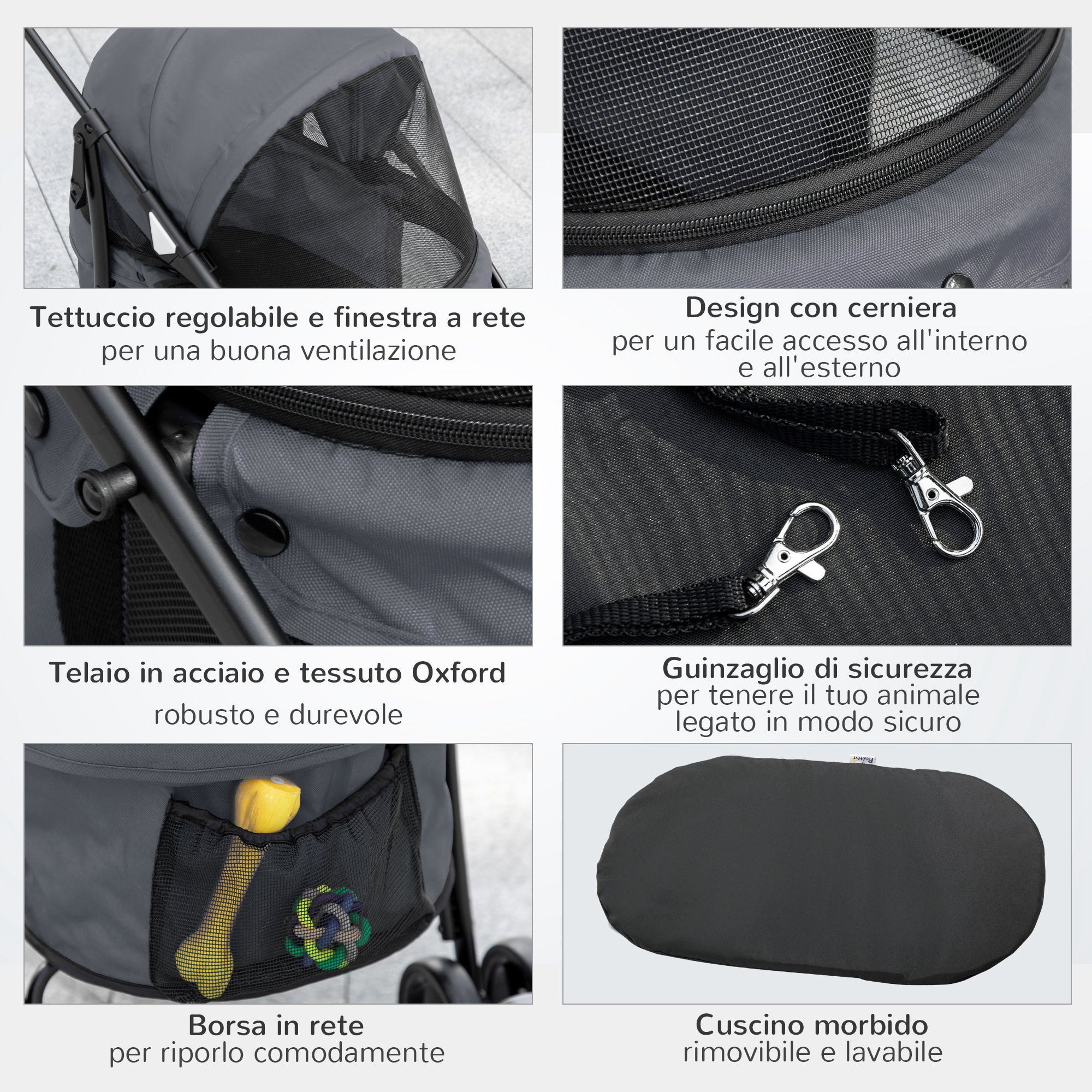 Carrinho cão dobrável teto ajustável bolsa 2 guias 82x47x97cm cinza - 9