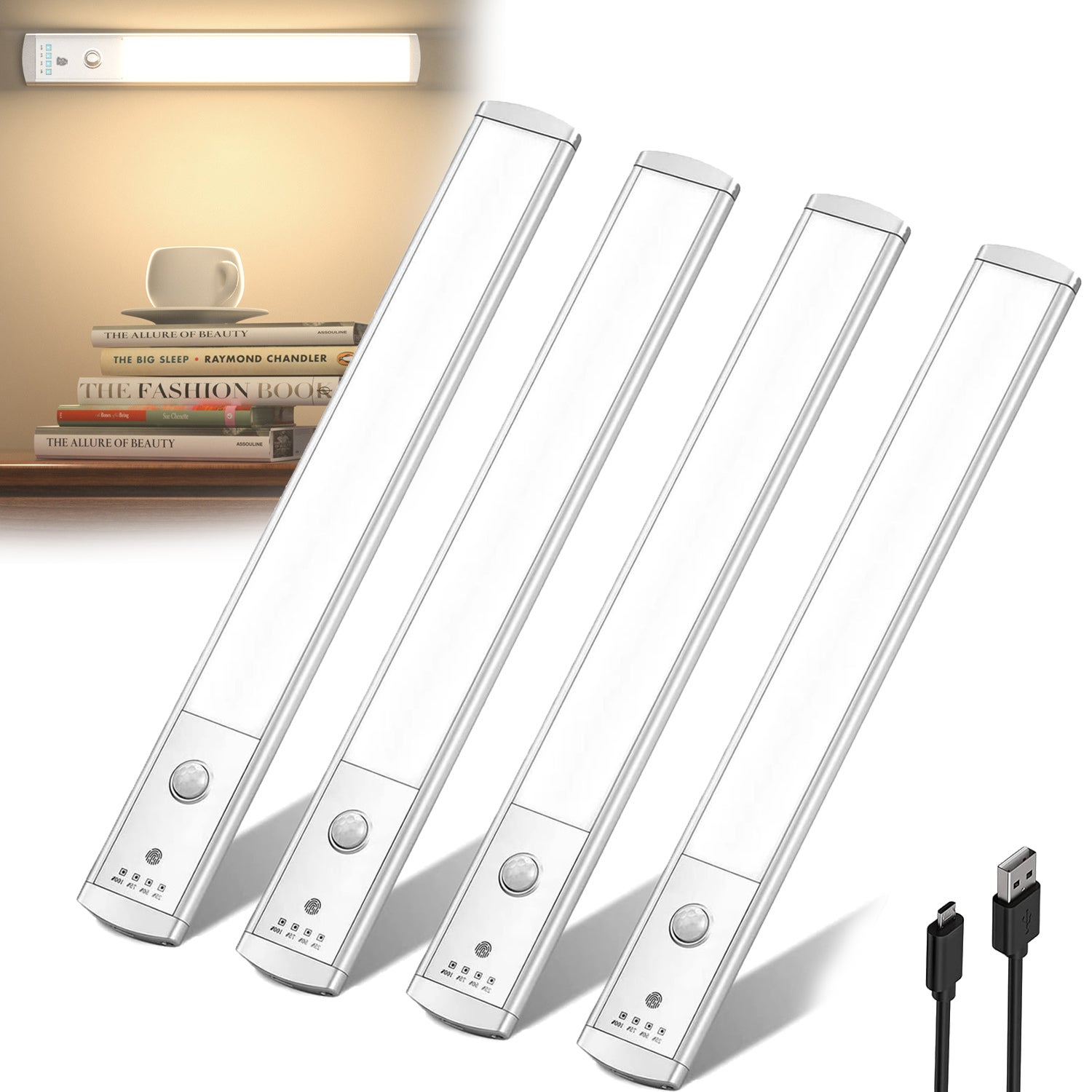 Zestaw 4 lamp do szaf z czujnikiem ruchu, pod szafkę, lampki nocne do kuchni ładowane przez USB, jednolite światło, 23 cm