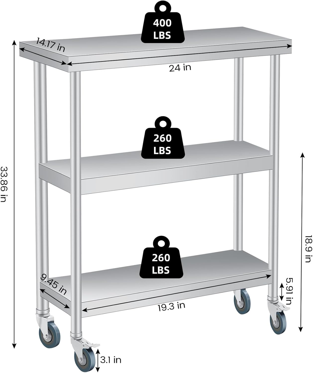Stainless Steel Table, 14 x 24 x 34 in, 3-Tier Metal Prep Table | Leroy ...