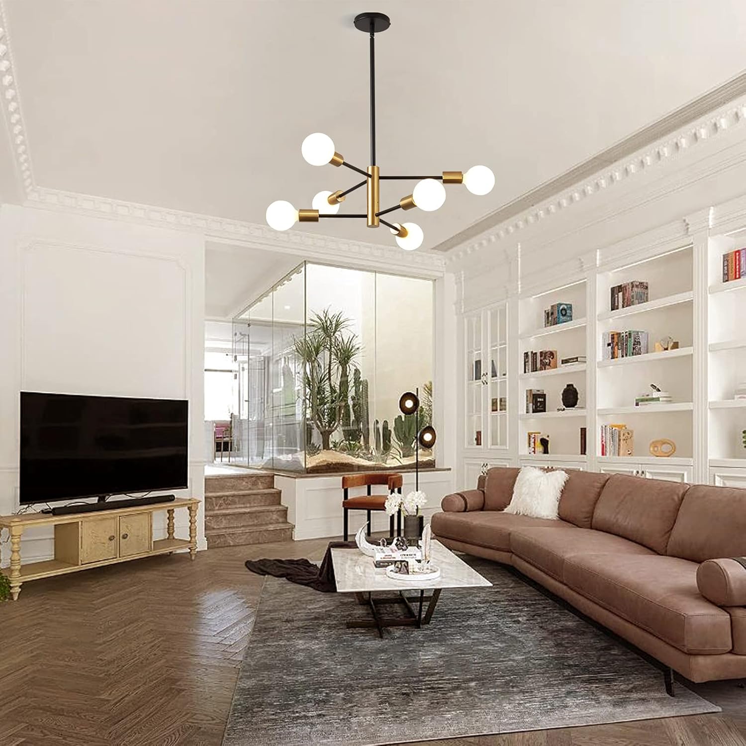 Nowoczesny żyrandol Sputnik, 6-punktowa lampa sufitowa w stylu Mid-Century, lampa wisząca w stylu retro industrialnym, żyrandol (bez białej żarówki) - 2