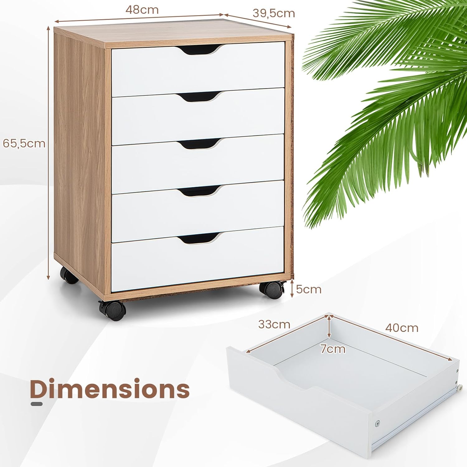 Cassettiera da Ufficio con 5 Cassetti e Ruote, Mobiletto Multiuso per Documenti e Cosmetici, Comodino con Ruote per Camera da letto, Studio, Ufficio e - 5
