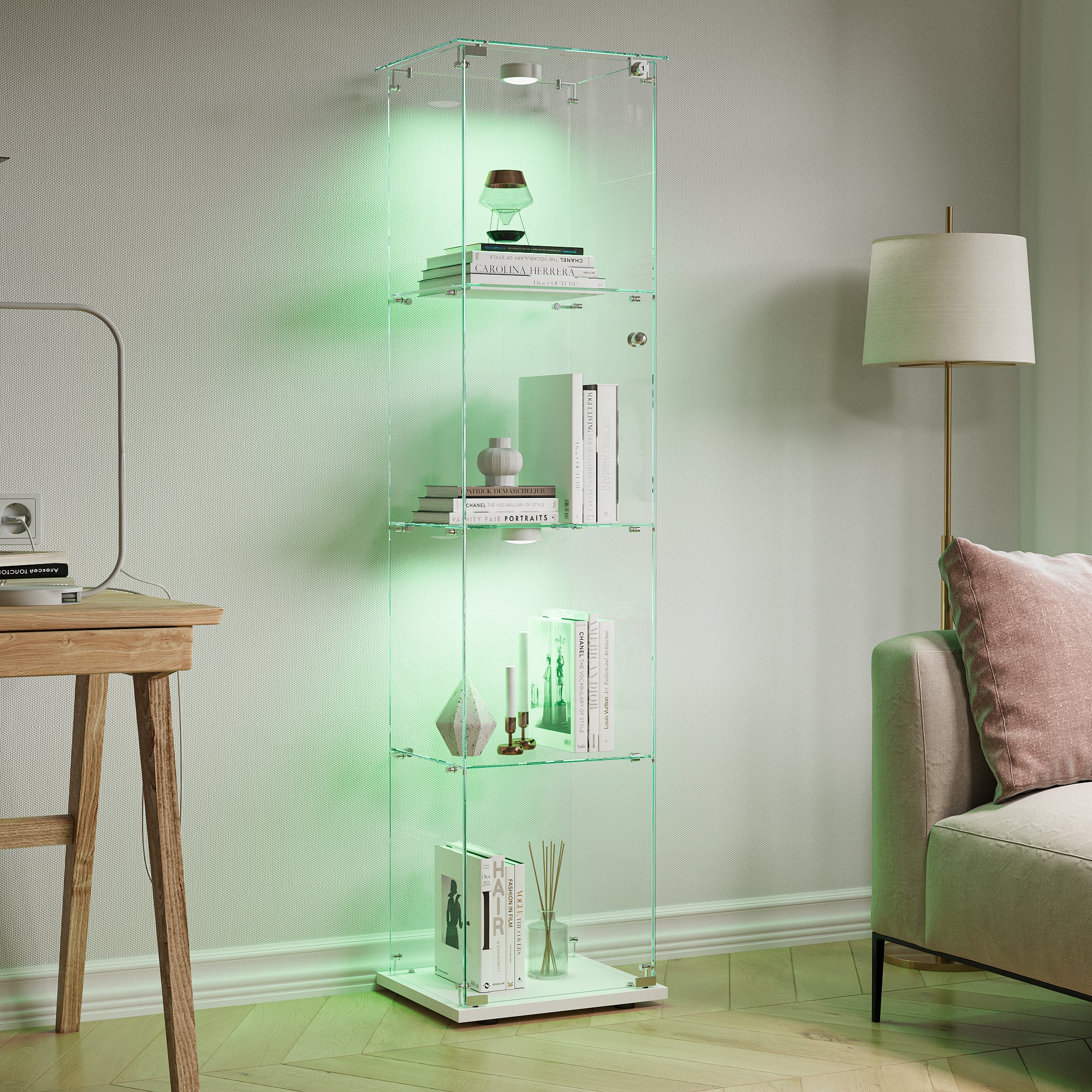 Vitrine en verre - 1 portes - 4 niveaux - Lumière LED - plaque de fond - 39.8x35x163cm - blanc - 3