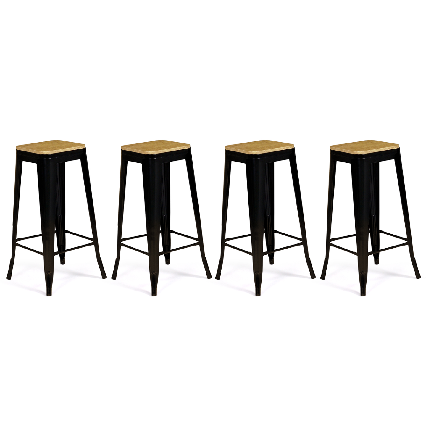 Lot de 4 tabourets de bar LENY métal noir mat assise bois empilable aspect brut factory - 5