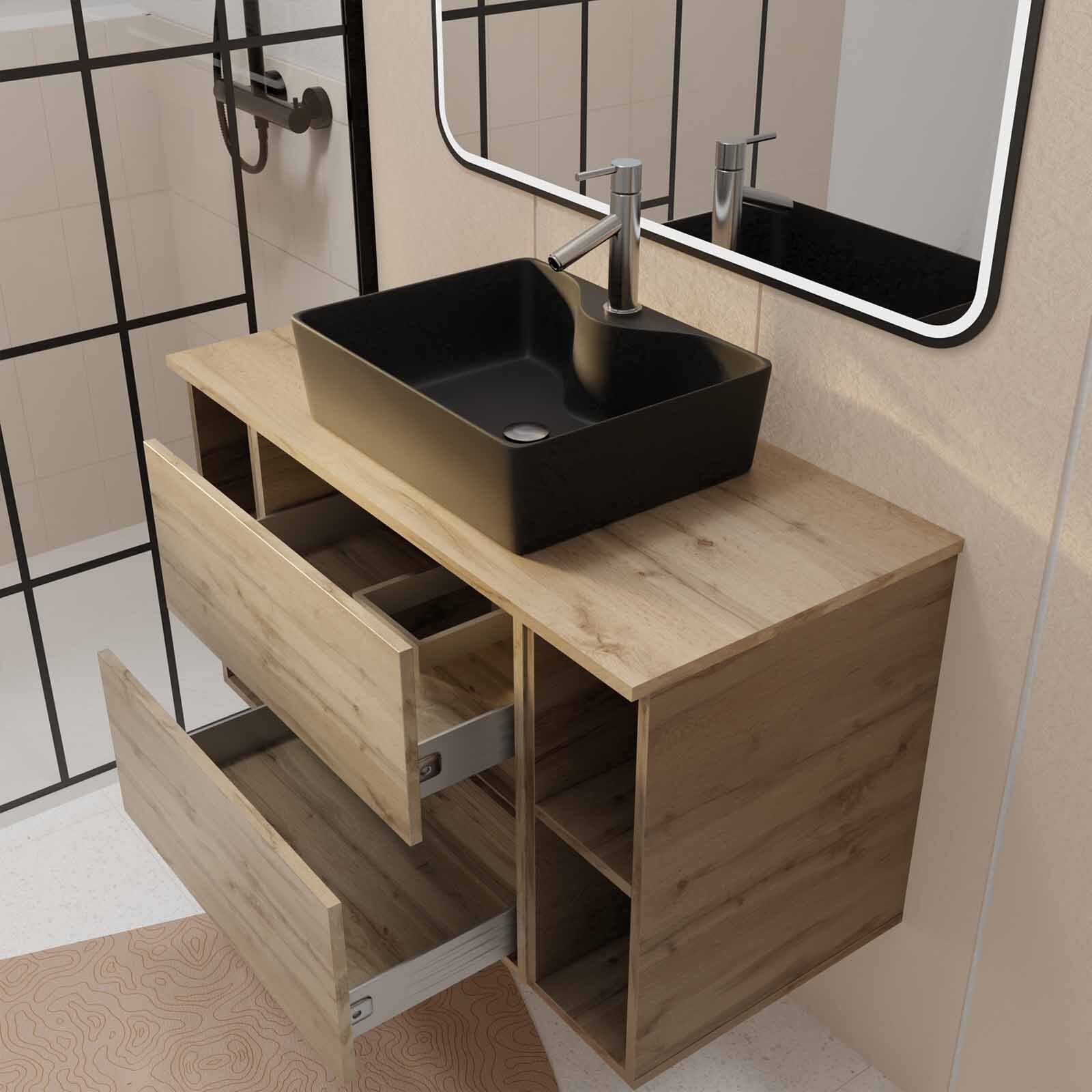 Meuble salle de bains 100 TIMBER Décor Chêne 2 Tiroirs Vasque Noire Rectangulaire Miroir LED noir - 2