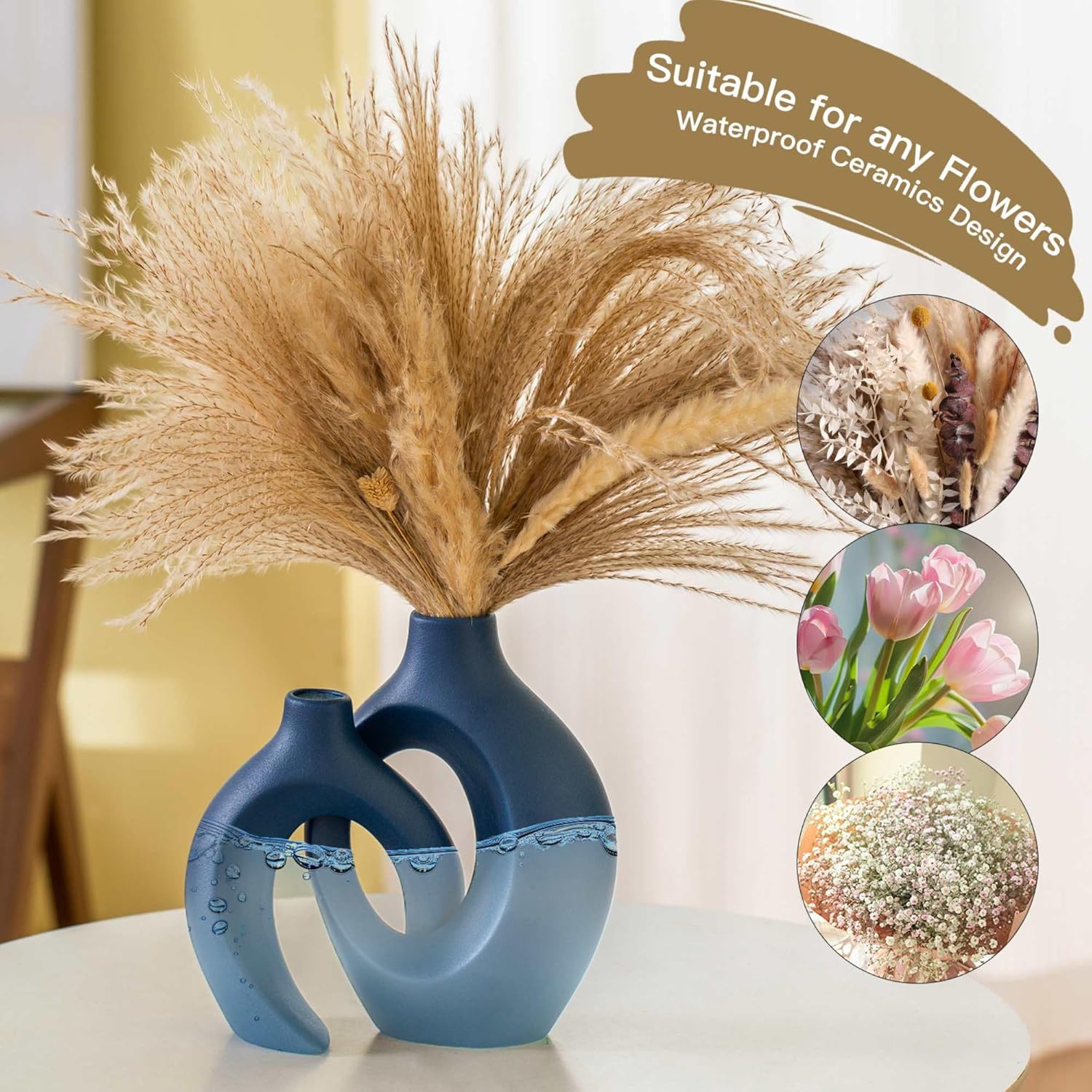 Ensemble de 2 vases en céramique, style bohème moderne nordique, vases décoratifs esthétiques en céramique pour la décoration intérieure (bleu) - 3