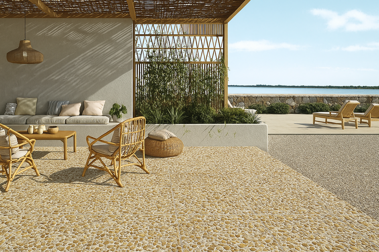 Terrazo de Canto rodado PiedraViva Amarillo / Pack 15 un (2.40 m2) / 40x40x4 cm - Piedra mediana - Fondo blanco - 2
