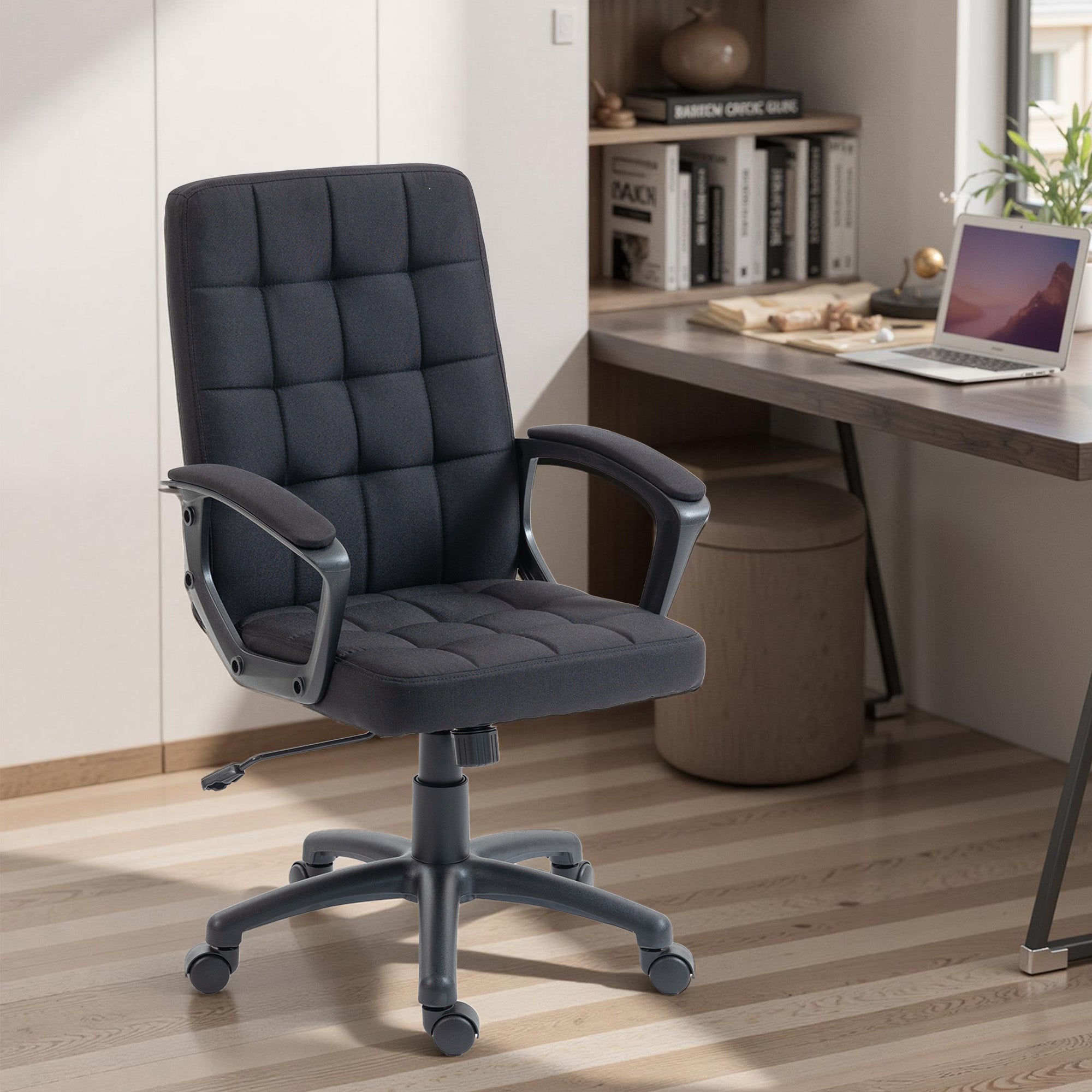 Fauteuil de bureau pivotant revêtu de lin synthétique, réglable en hauteur et en inclinaison, dossier mi-haut, accoudoirs, noir - 4