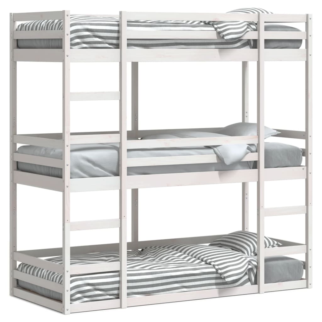 Lit Superposé Triple KLARA - Blanc 80x160cm - En Pin Massif Avec échelle