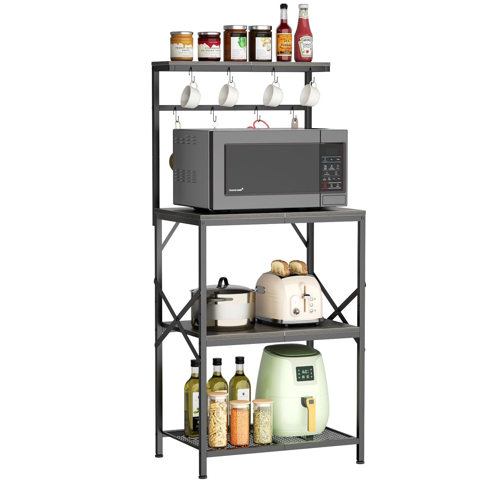 Estantería metálica de cocina de 4 niveles, en color gris, con 8 ganchos, soporte ajustable para microondas y zona multifuncional para guardar el café - 9