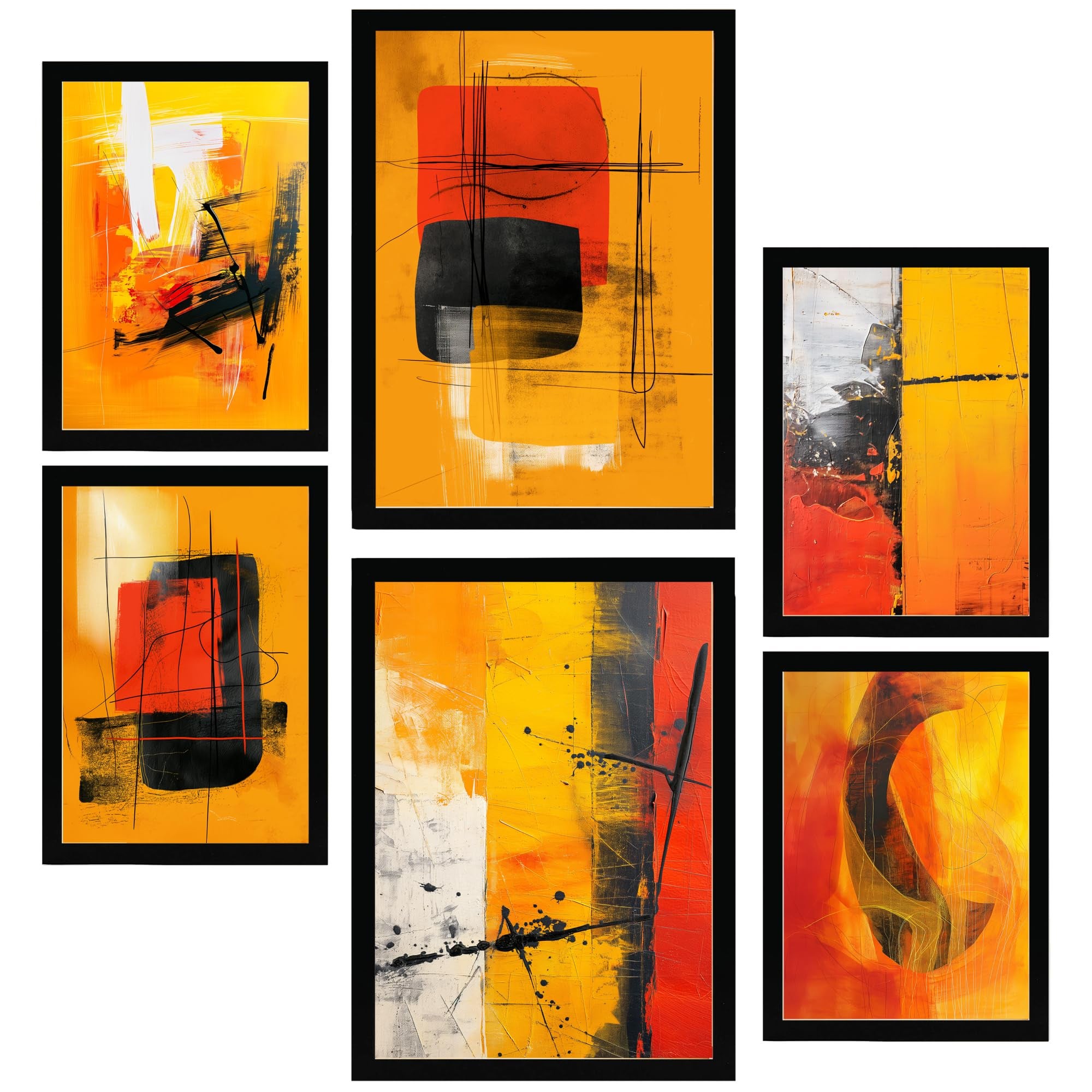 Set de 6 abstract colors bronw red black shapes cuadros con ilustración de diseño para decorar las paredes del hogar. tienda. a3 y a4. marco negro