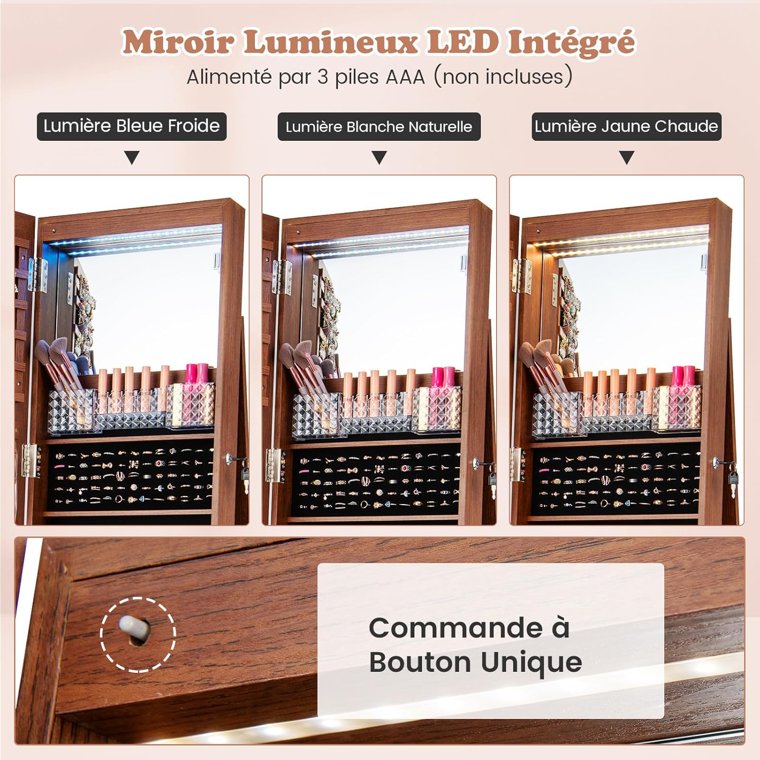 Armadio Portagioie con Ruote, Armadietto Portagioielli con Specchio a Luci 3 Colori, Specchio Portagioie con Ripiani Regolabili, Organizzatore - 5