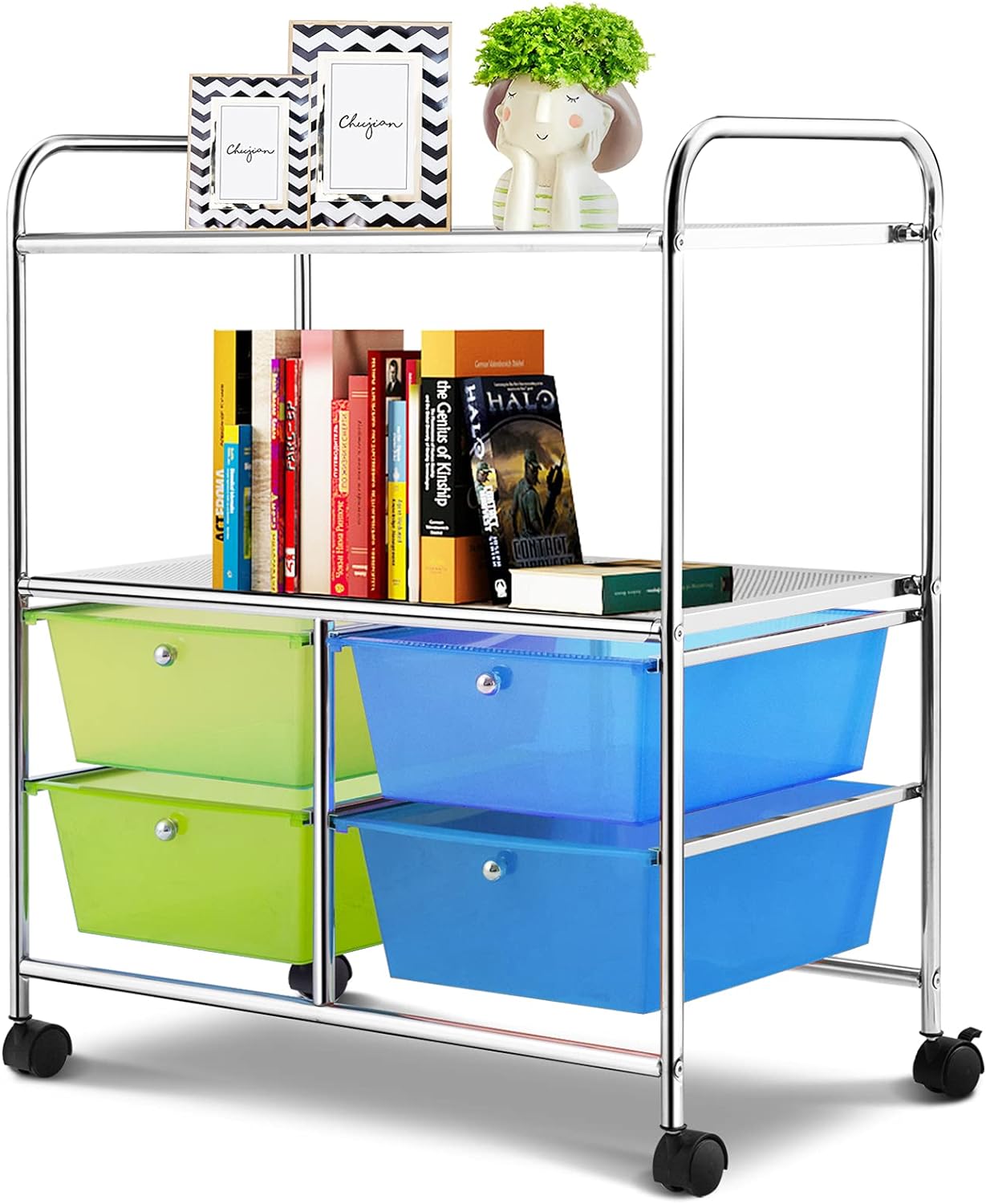 Wózek do Przechowywania z 4 Szufladami, 63 x 37 x 74,5 cm, Regał na Kółkach, Stalowa Rama, do Sypialni, Zielony + Niebieski