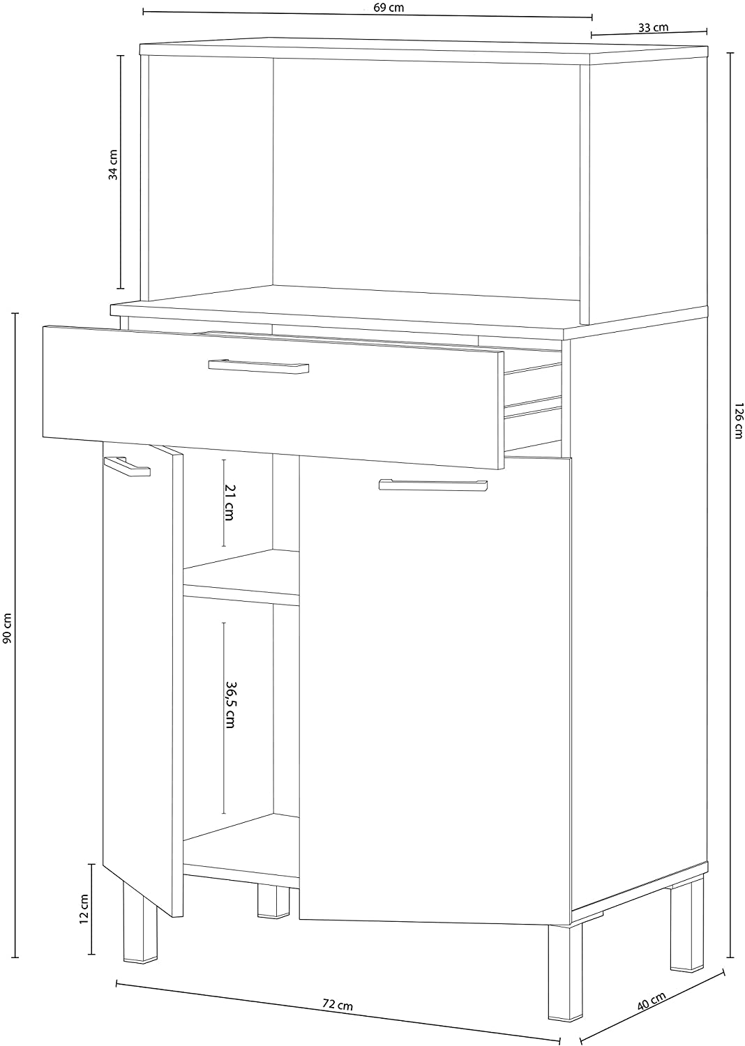 Buffet meuble cuisine 2 portes + tiroir coloris blanc artic / chêne canadien - Hauteur 126 cm x Longueur 72 cm x Profondeur 40 cm - 4