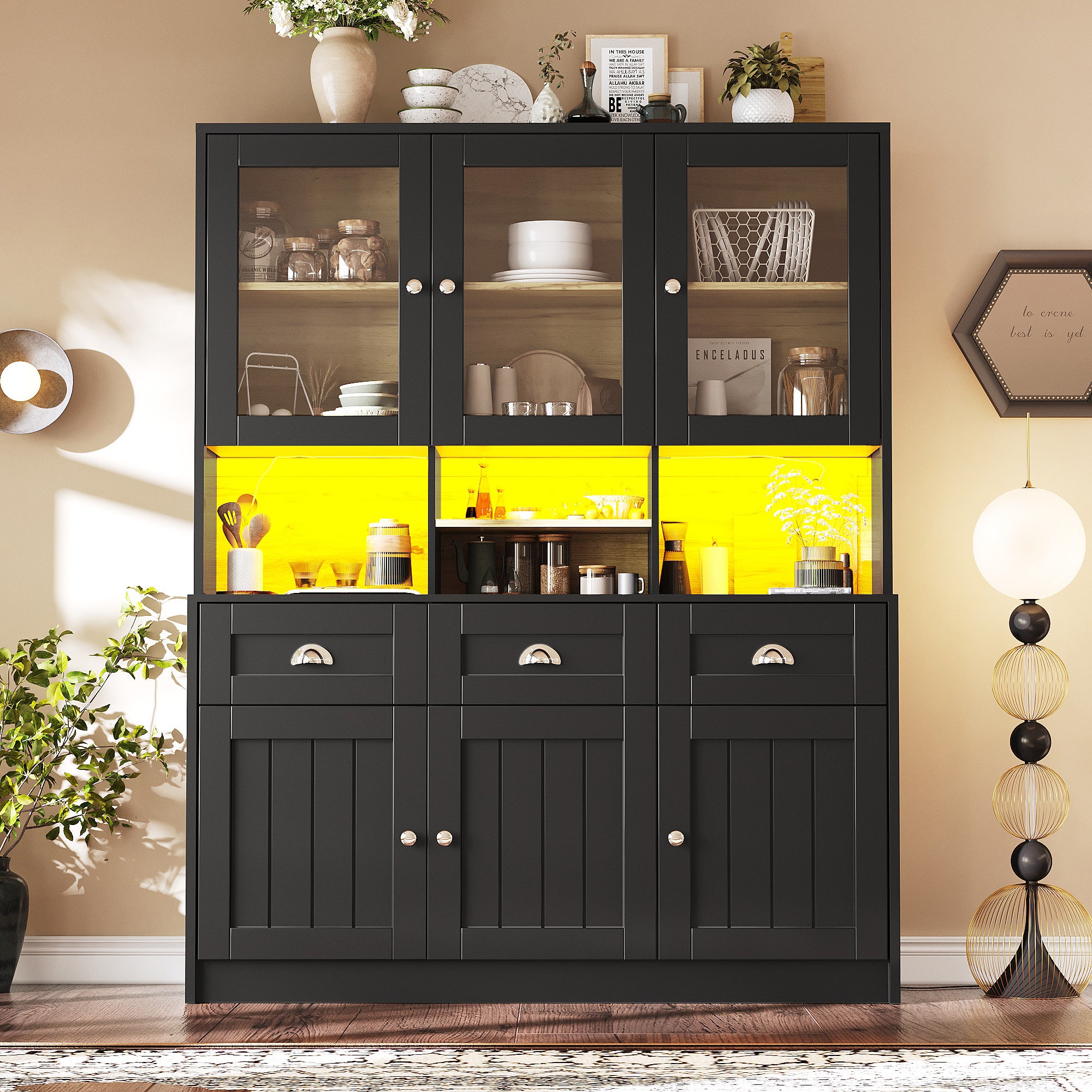 Buffet de cuisine avec 6 portes et 3 tiroirs, vitrine - 140 x 40 x 175 cm - LEDs - MDF - Noir - 3