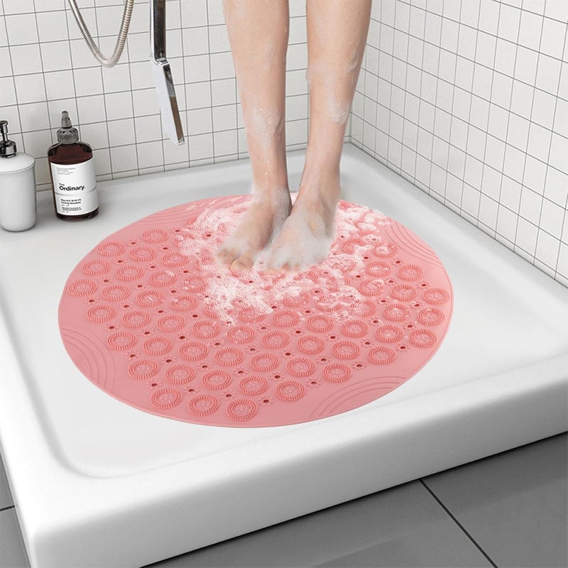 Mata antypoślizgowa do prysznica 55x55 cm, okrągła, łazienkowa z otworami drenażowymi i przyssawką, różowa