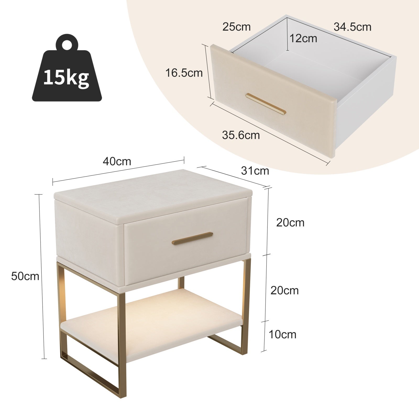 Lot de 2 Tables de chevet avec tiroir, éclairage LED et étagère ouverte – Cadre métallique doré,40×31×50 cm,velours beige - 3