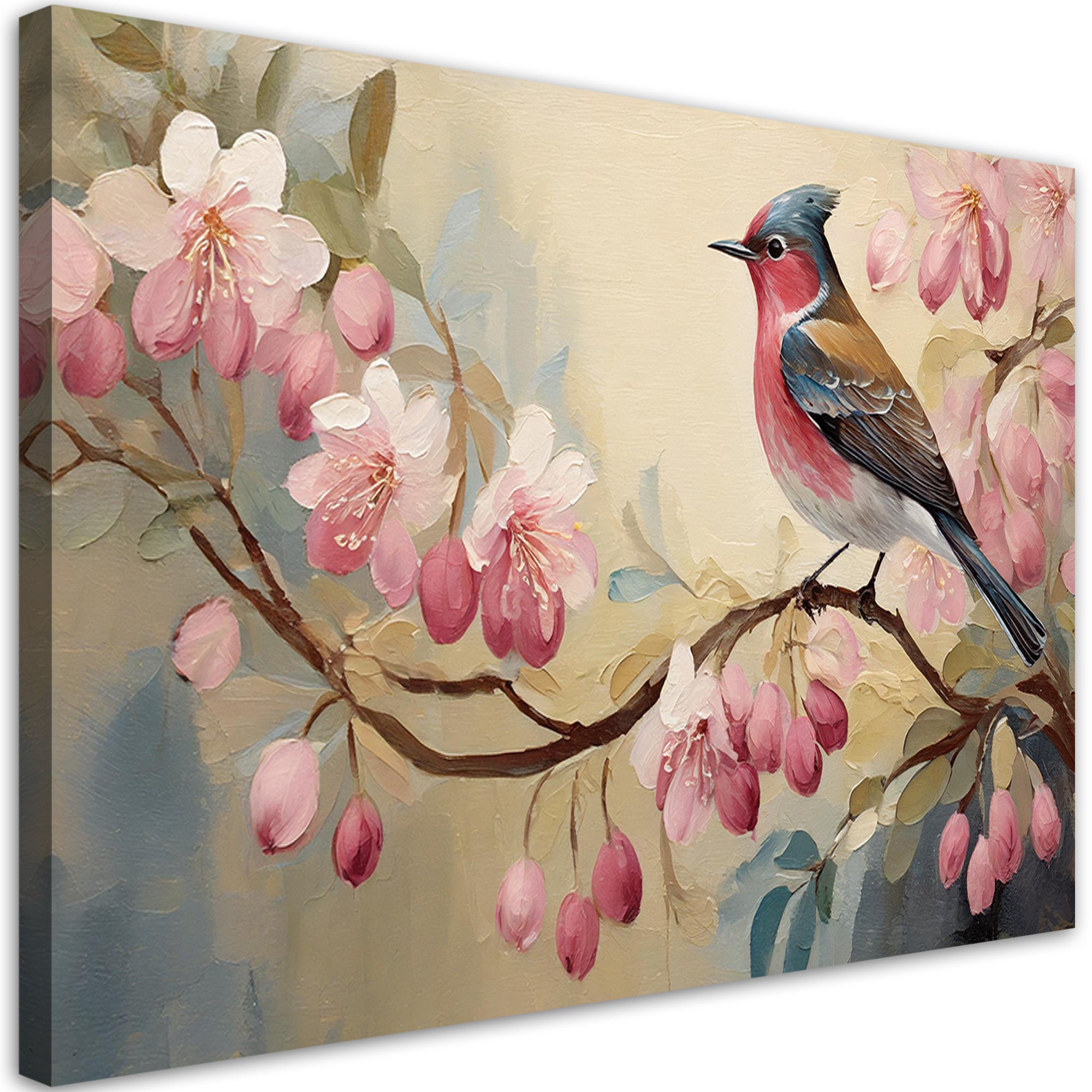 Obraz na płótnie, Ptak na gałęzi , kwiaty różowe, shabby chic 120x80