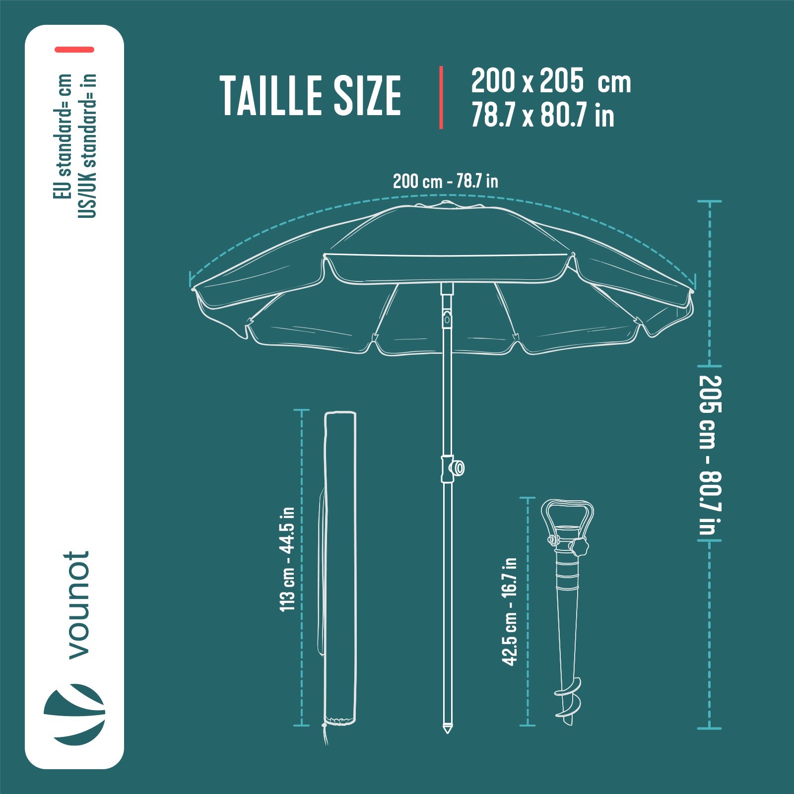 Parasol de jardin inclinable 2M avec ancrage au sol - Parasol de plage UV 50+ Vert - VOUNOT® - 3