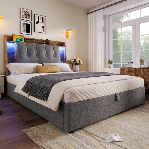 Łóżko tapicerowane 90x200 cm, łóżko pojedyncze z oświetleniem LED i portem USB typu C, len, kolor szary - 2