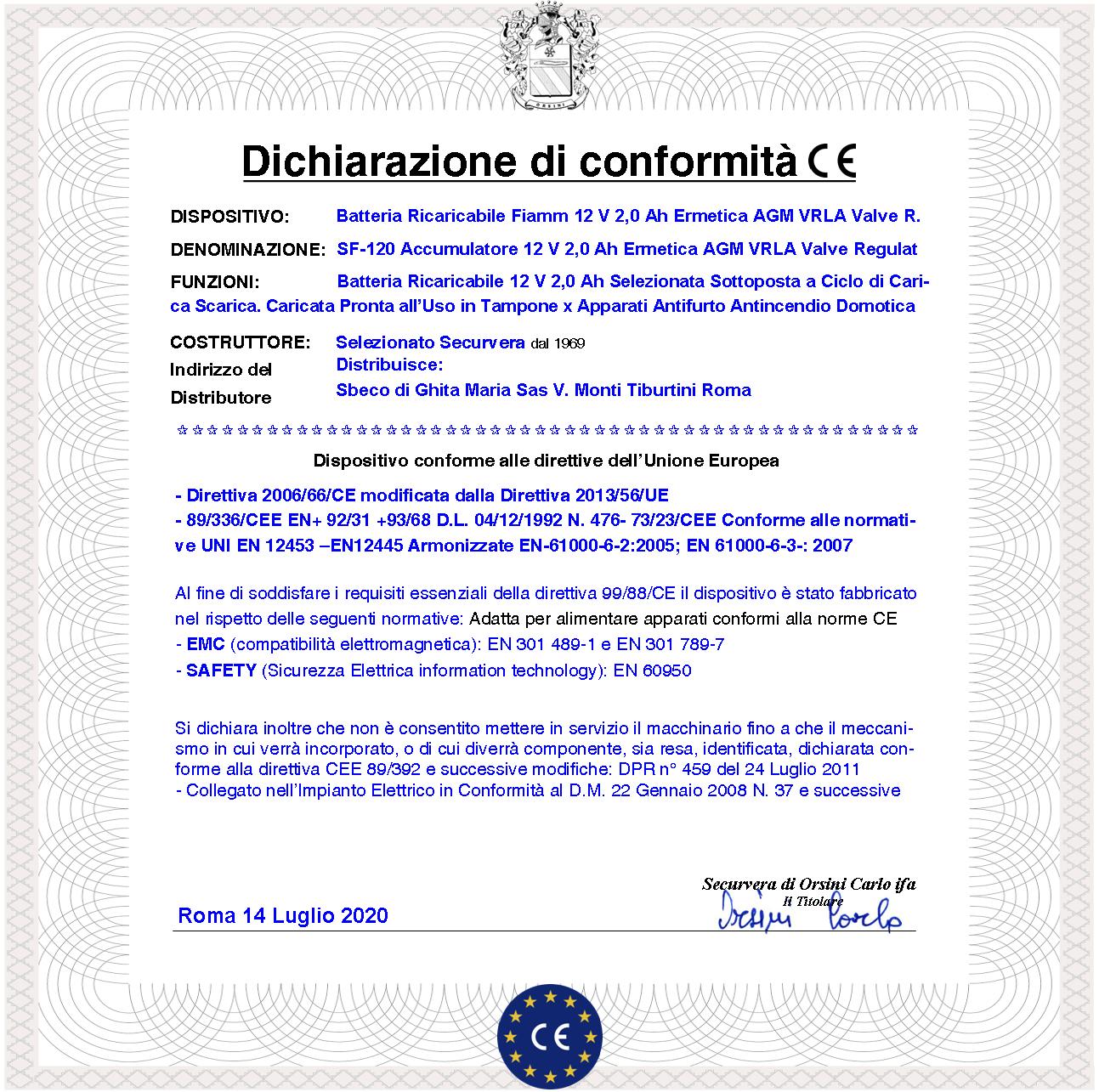 Batterie Ricaricabili 12 V 2 Ah 2 Pezzi Ermetiche AGM VRLA Valve Regulated Collegamento Tramite 2 Faston 5 mm Polarizzati Marca Fiamm PRC Selezionata - 2