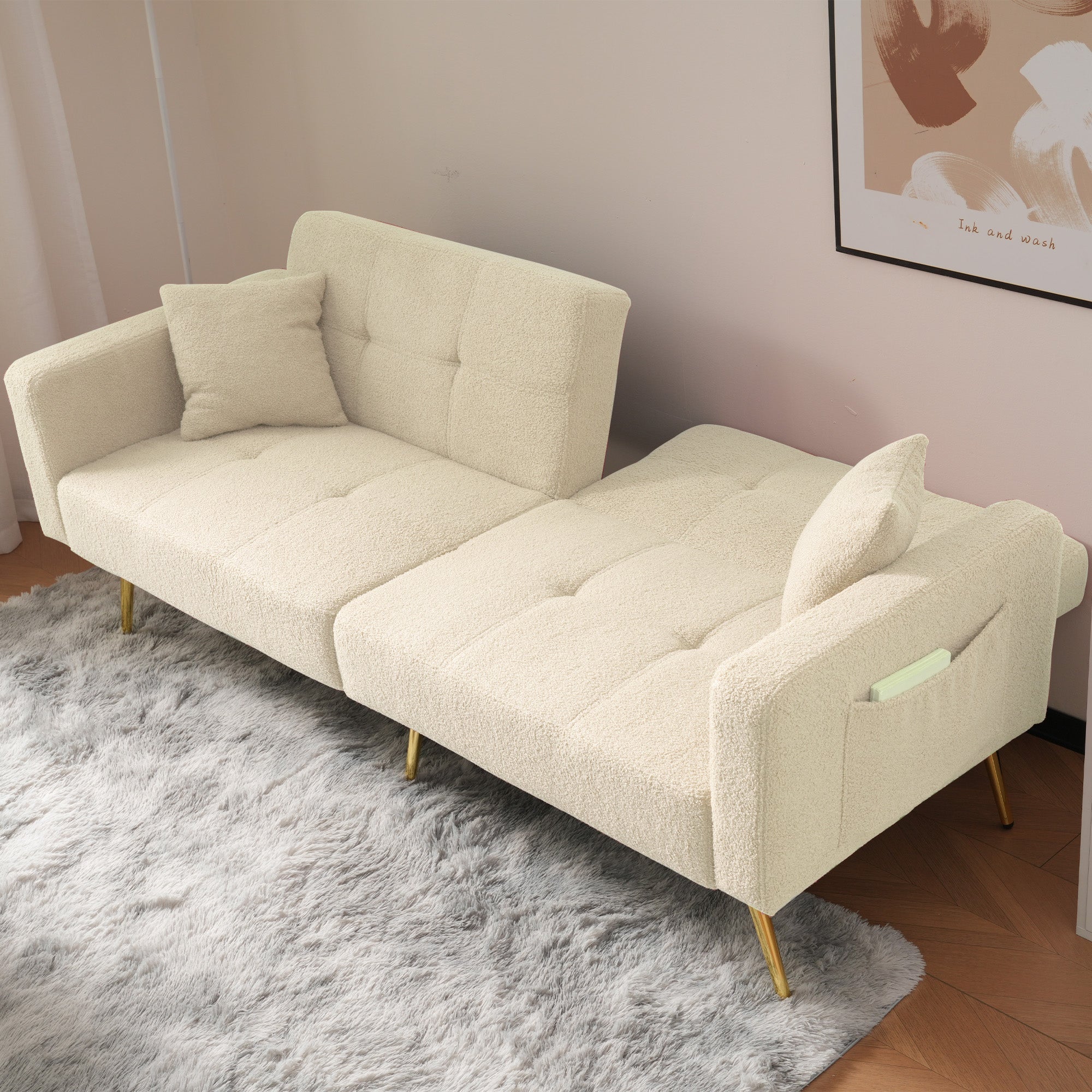 Canapé-lit 175x64x72cm inclinable avec fonction lit et rangements latéraux - Pieds dorés et coussin inclus - beige - 3