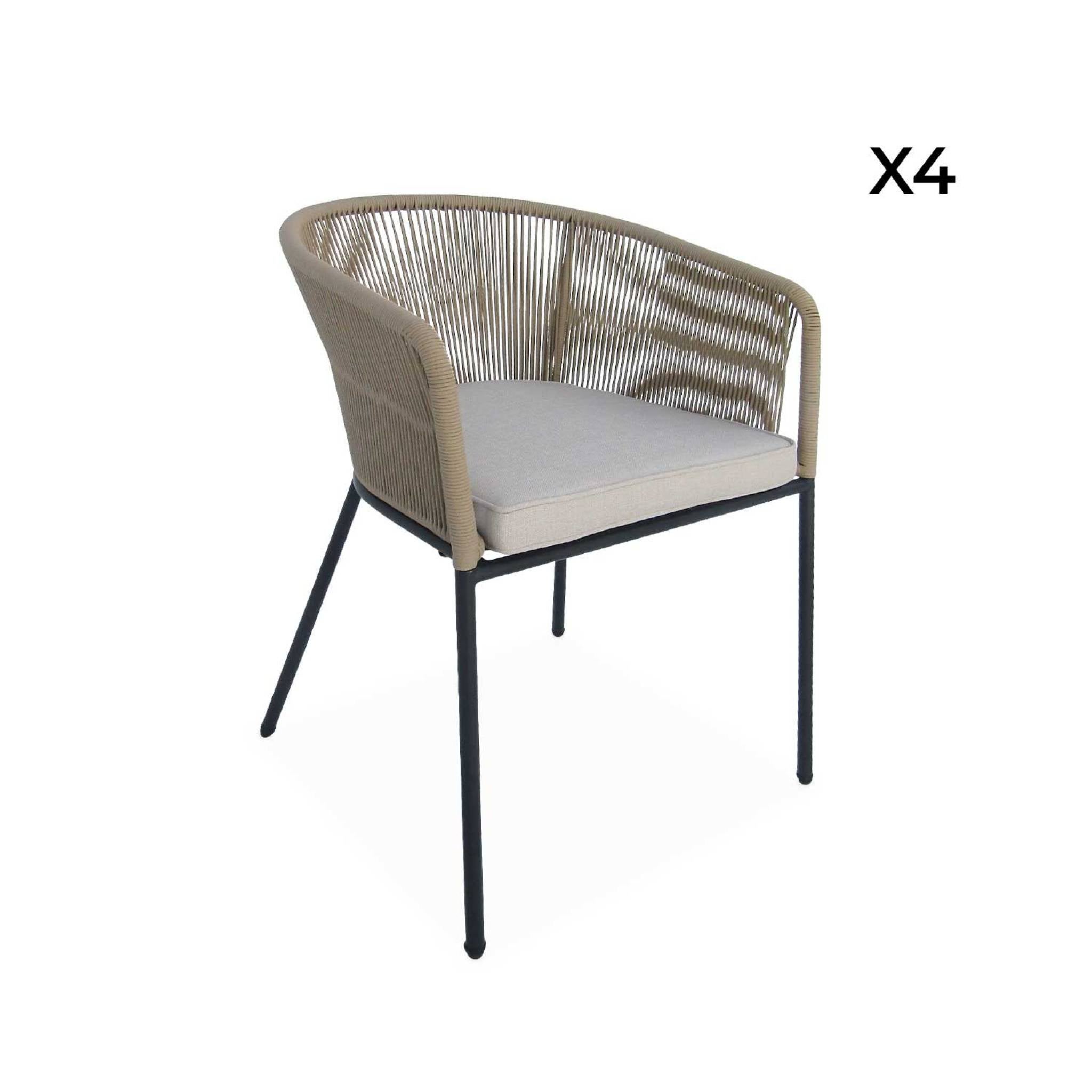 Lot de 4 fauteuils de jardin en corde beige et acier galvanisé. coussin beige SANTOS - 5