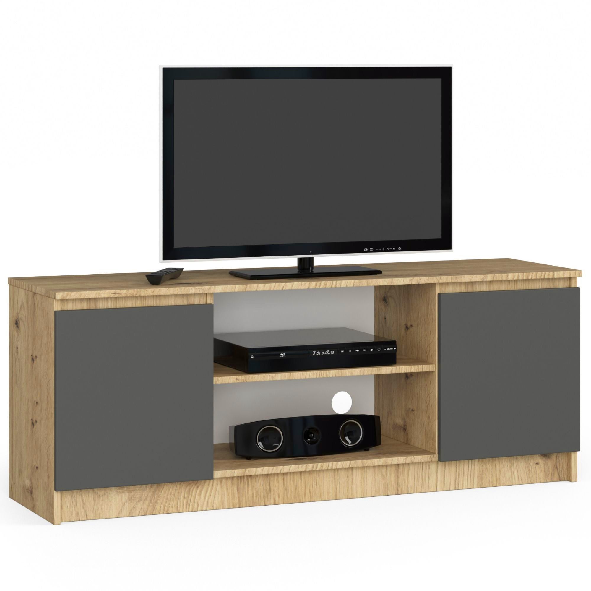 Szafka RTV AKORD Dąb Artisan 140 cm 2 drzwi kolor Grafit Szary mat 2 półki 140x40x55 cm