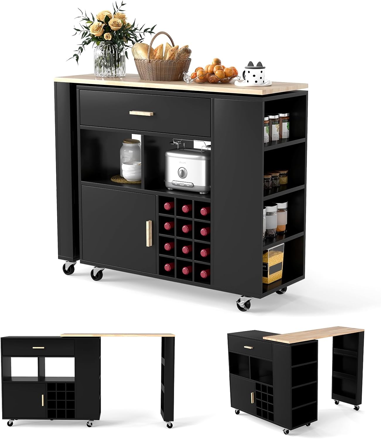 Wyspa Kuchenna z Obrotowym Stołem, Wózek Kuchenny z Szafką, Półką na Wino, Szufladą, Uchwytem na Przyprawy, 120 x 40 x 100 cm (Czarny)
