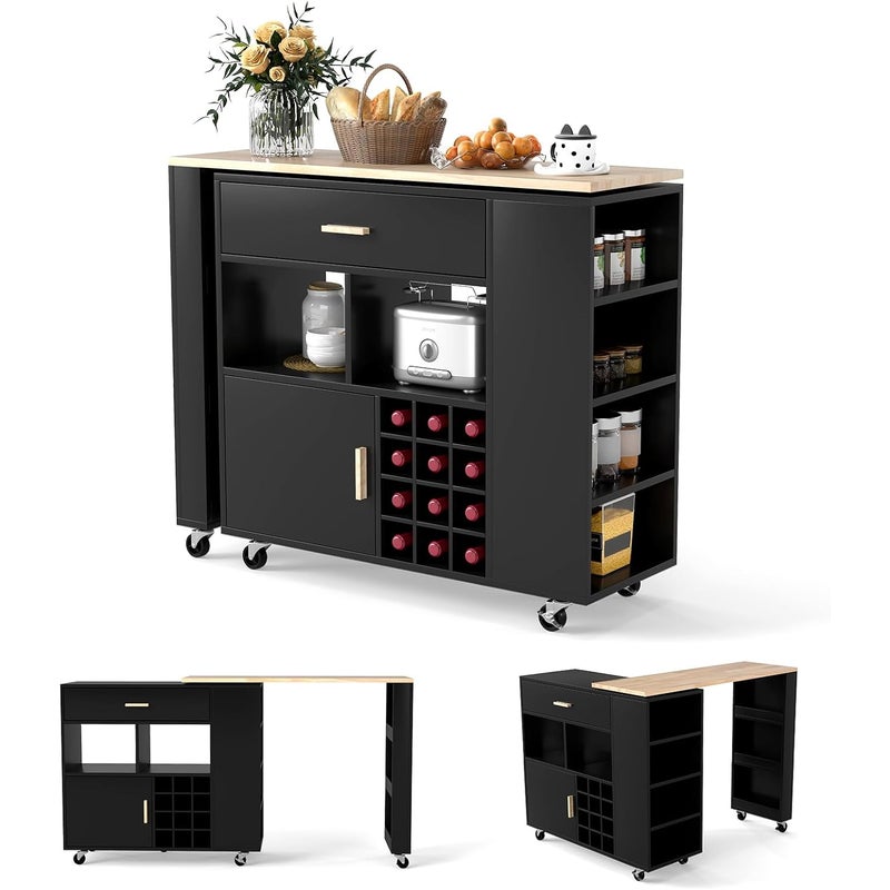 Wyspa Kuchenna z Obrotowym Stołem, Wózek Kuchenny z Szafką, Półką na Wino, Szufladą, Uchwytem na Przyprawy, 120 x 40 x 100 cm (Czarny)