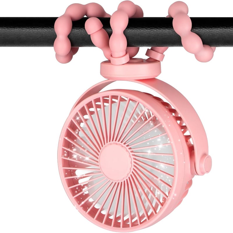 Miniaturowy, przenośny wentylator do wózka, obrotowy o 360°, odpowiedni do fotelików samochodowych, łóżeczek, wózków dziecięcych, różowy