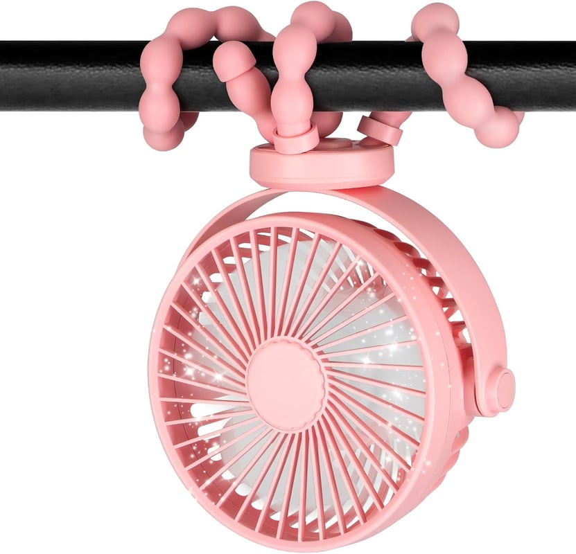 Miniaturowy, przenośny wentylator do wózka, obrotowy o 360°, odpowiedni do fotelików samochodowych, łóżeczek, wózków dziecięcych, różowy