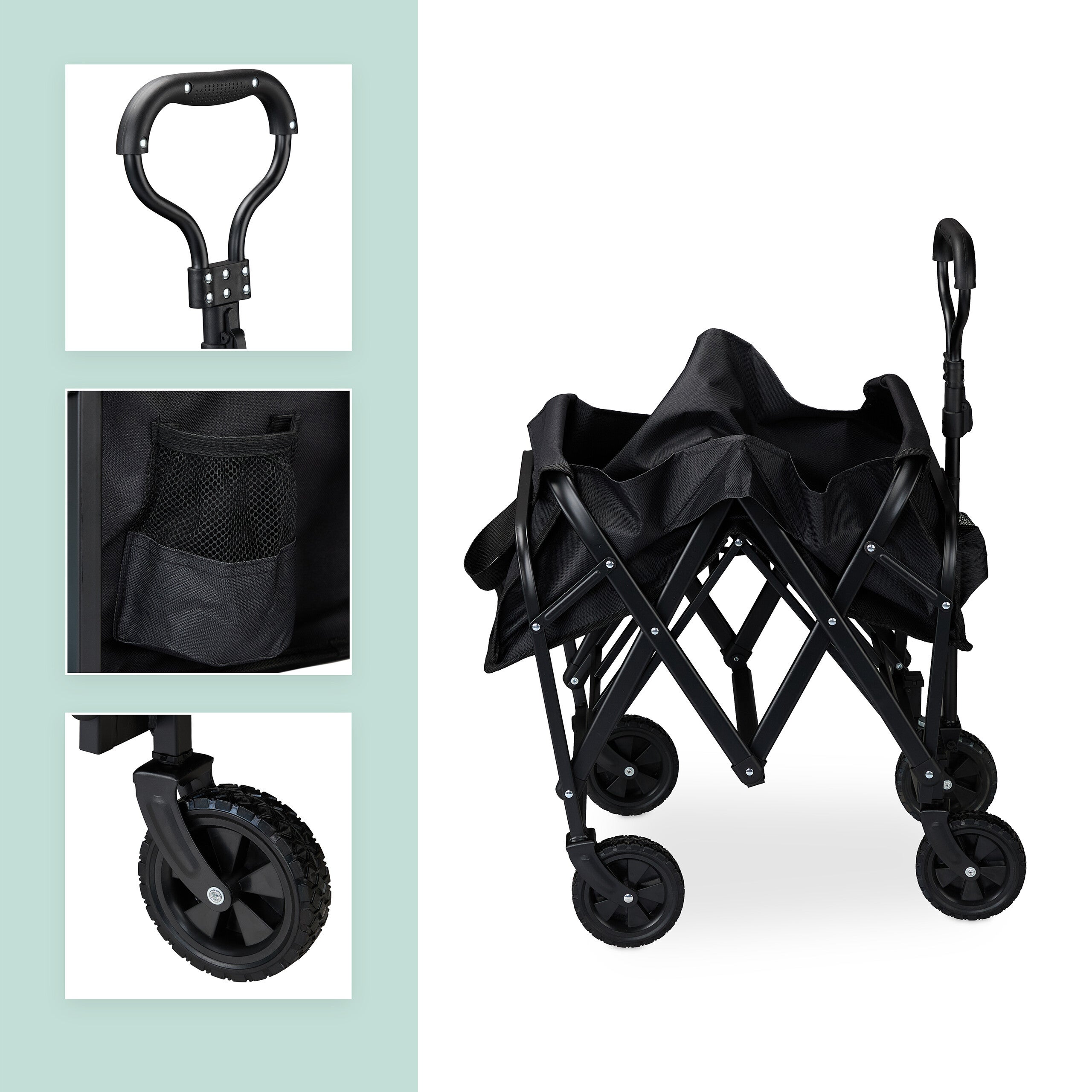 Chariot à roulettes, pliable, poignée pratique, bras télescopique, pour le camping ou la plage, noir, Relaxdays - 6