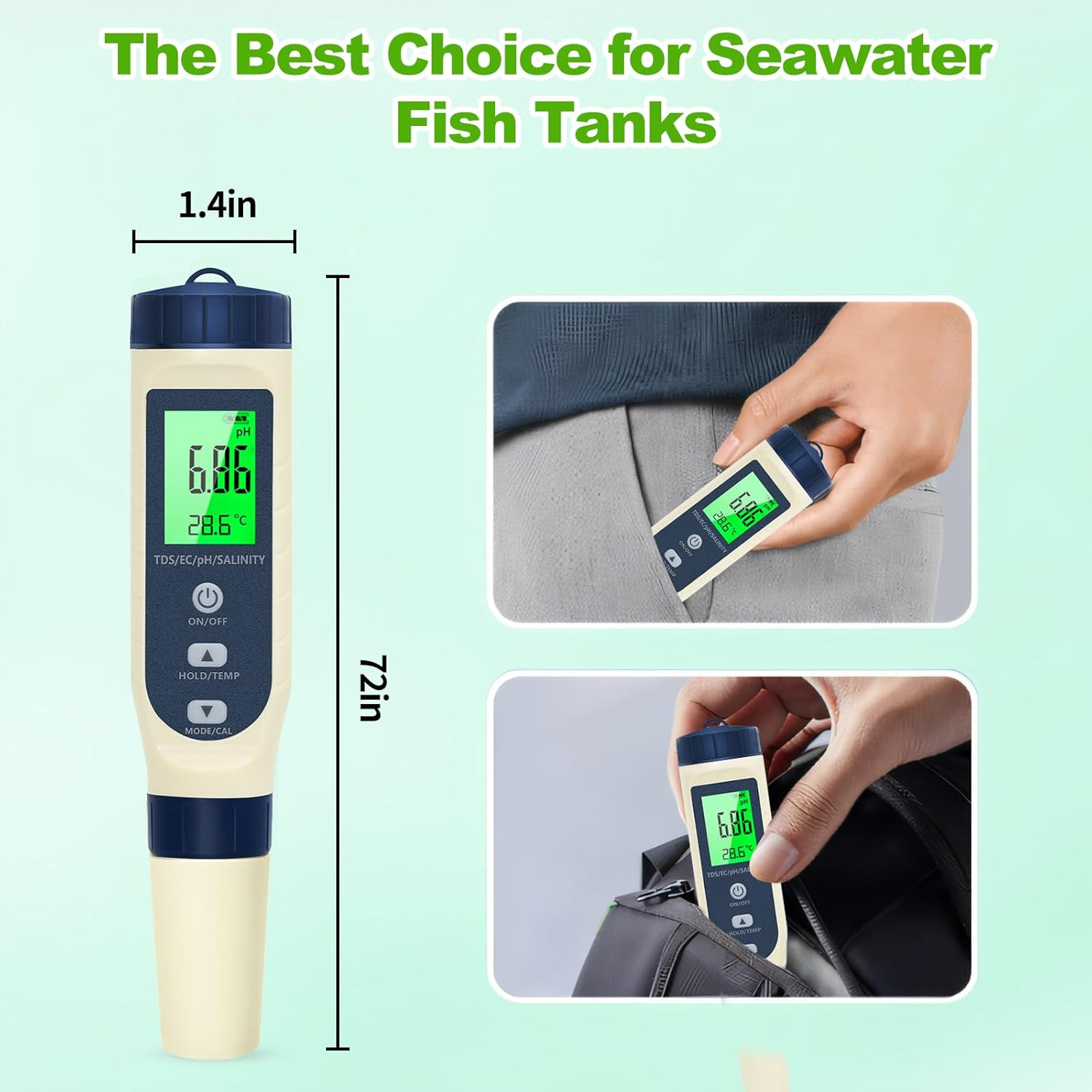 Medidor de pH digital 5 em 1/Medidor de pH da água/Salinômetro/TDS/EC/Termômetro, Medidor de sal para piscina com compensação de temperatura constante - 7