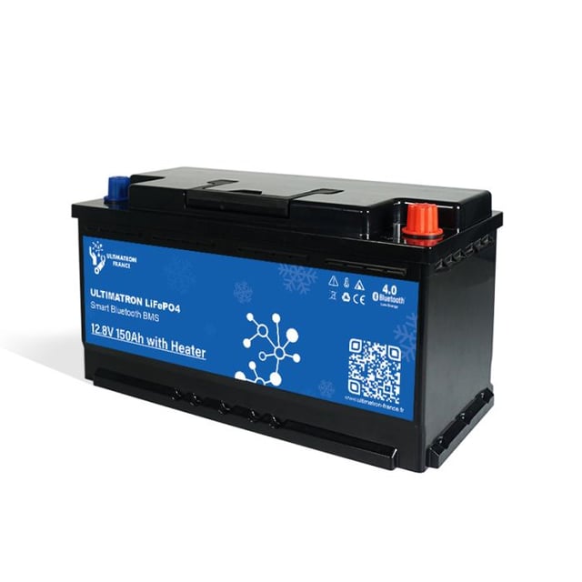 Batteria al litio Ultimatron 12,8 V 150 Ah LiFePO4 Smart BMS sotto il sedile con riscaldamento Bluetooth