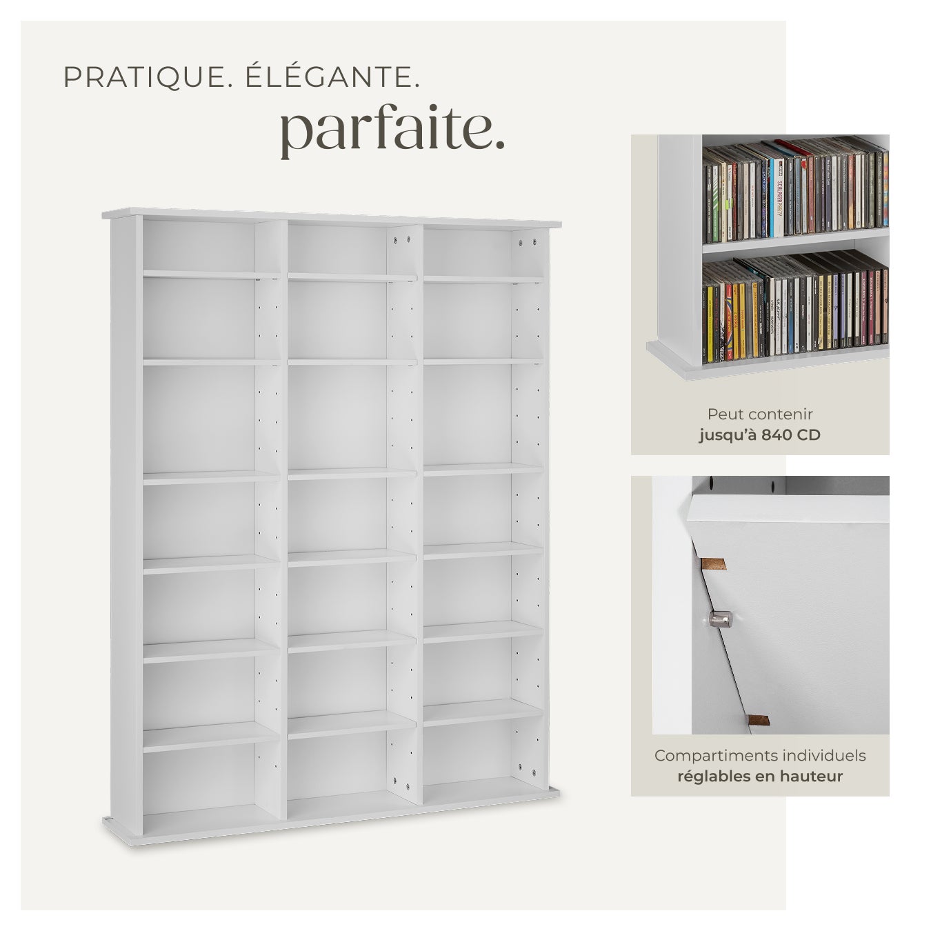 Estantería para DVDs y CDs de madera MDF con 21 espacios ajustables en altura, 105,5x19x136,5 cm, blanco mate TECTAKE - 4
