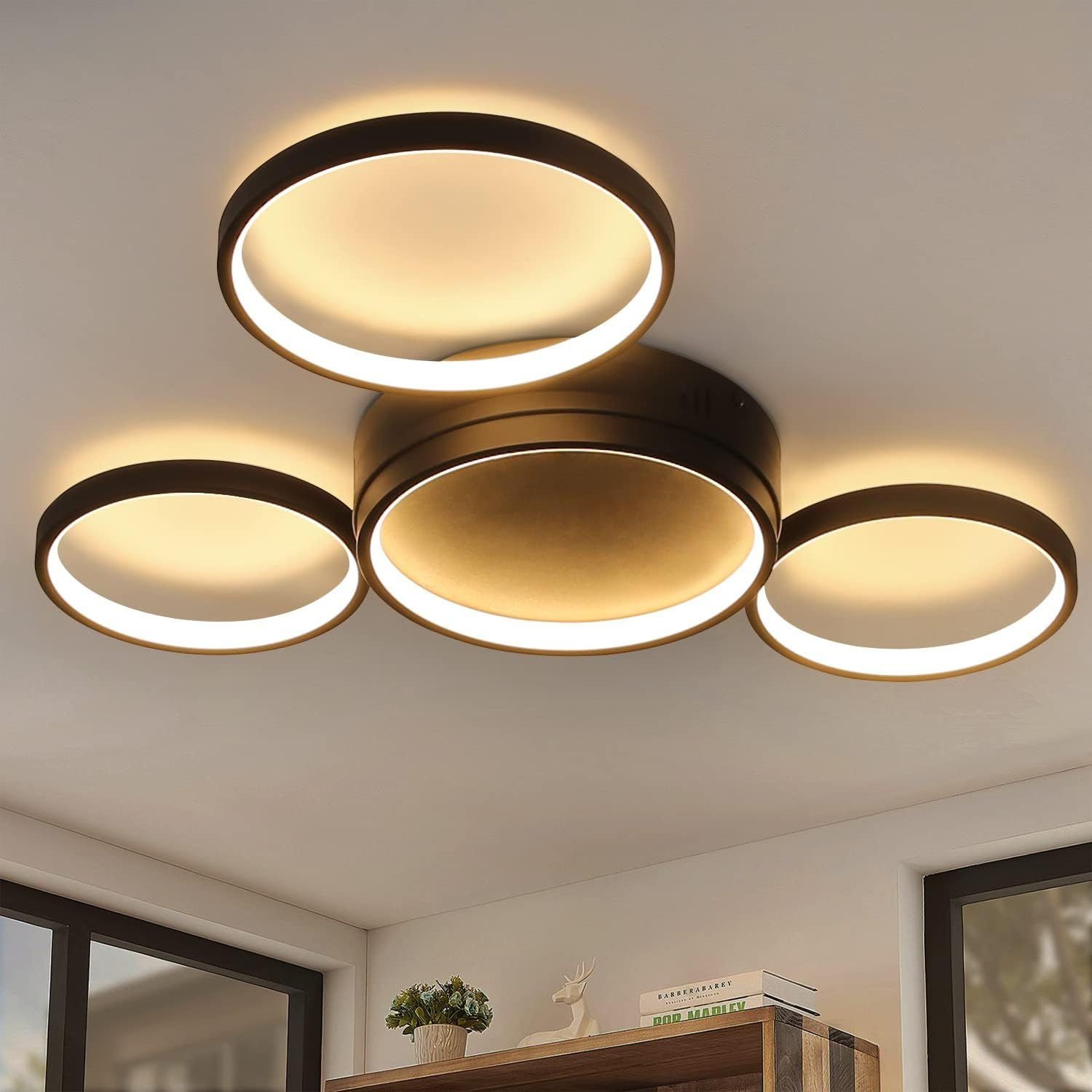 NETTLIFE Nowoczesna lampa sufitowa LED 29 W, ciepła, czarna, z 4 pierścieniami, designerska lampa dekoracyjna do sypialni i pokoju dziecięcego