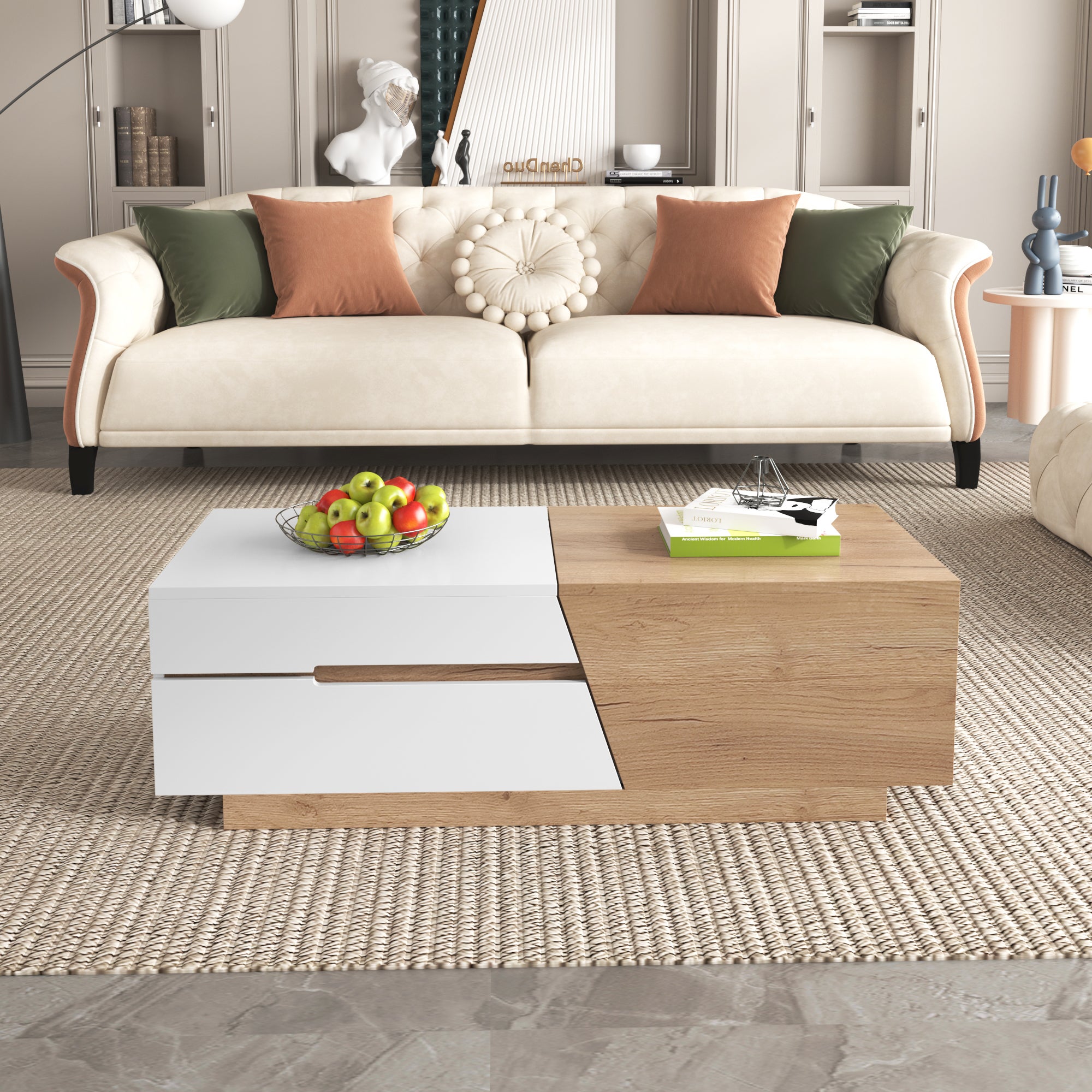 Table basse extensible avec 2 tiroirs - 120 x 50 x 37.5 cm - Panneaux de particules - Blanc + naturel - 6