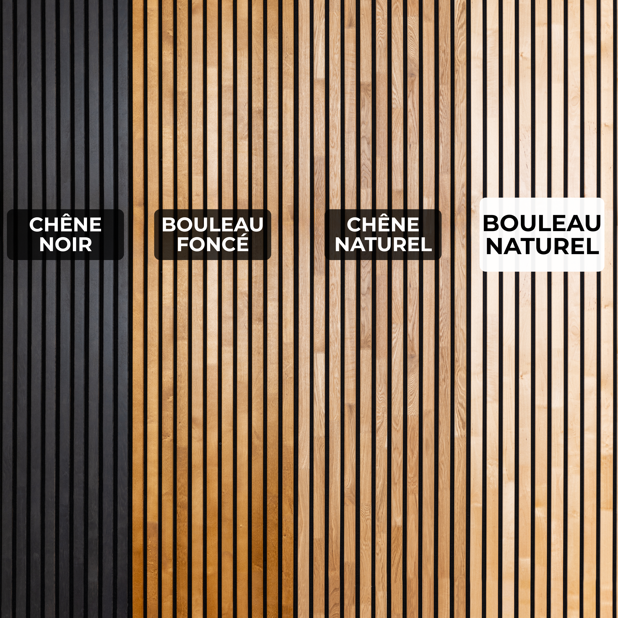 Lot de 2 Panneau Tasseau Acoustique en Bois - Bois de Bouleau Massif - 2400x385mm - Lattes 40mm, Support en Feutre Noir - 9