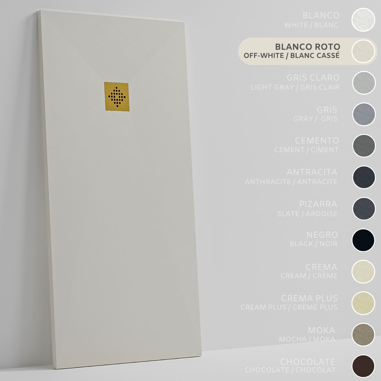 SOULHOME Brodzik prysznicowy– Żywica– Gel Coat– Gładka/Kamienna tekstura – Antypoślizgowy – złamana biel – 100X70- Niski 3 cm– Ruszt Złoty