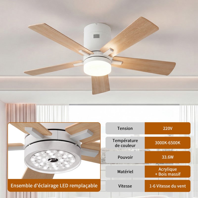 Ventilateur de Plafond, LED avec Lumière et Telecommande, Ventilateur Dimmable Plafonnier, 5 Pales, 6 Vitesses, Silencieux, Diamètre 106cm - 8