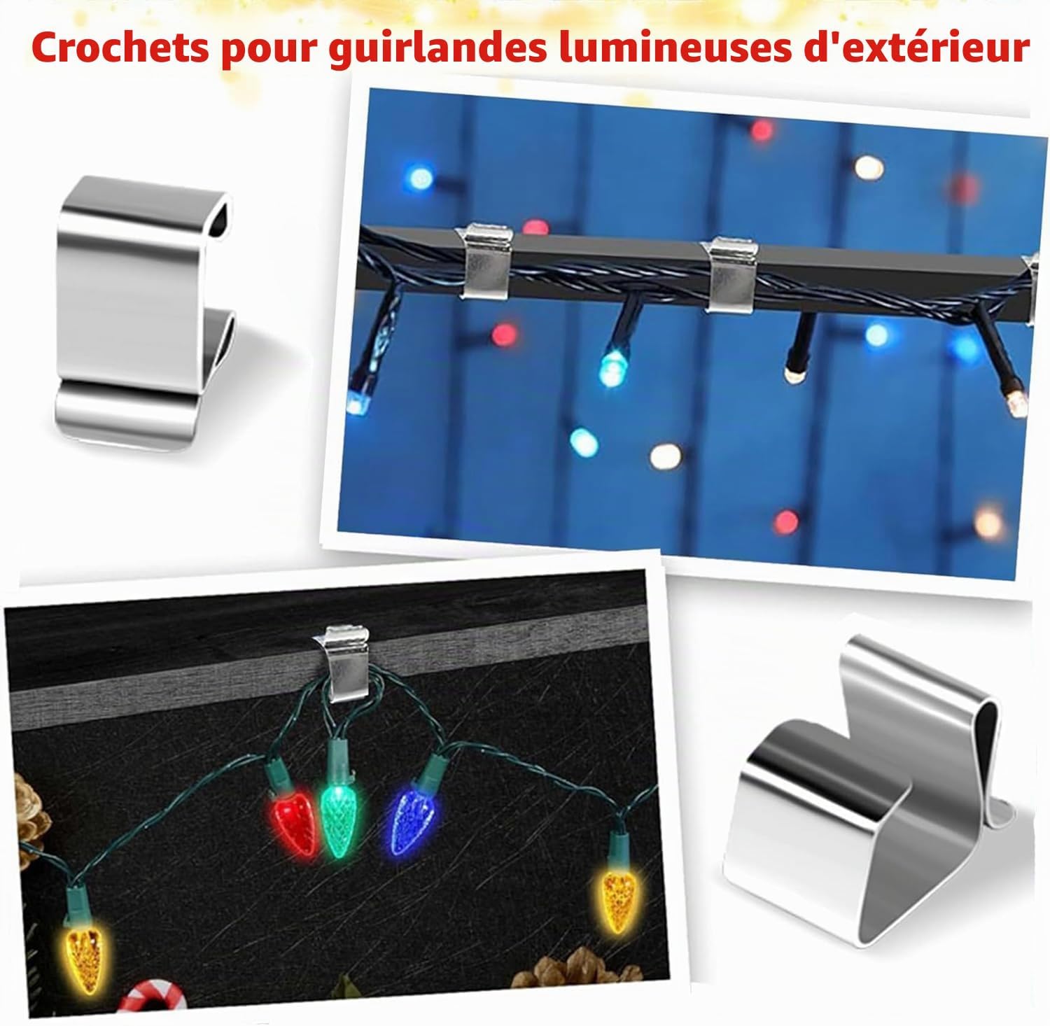 Lot de 60 crochets de gouttière pour guirlandes lumineuses extérieures ...