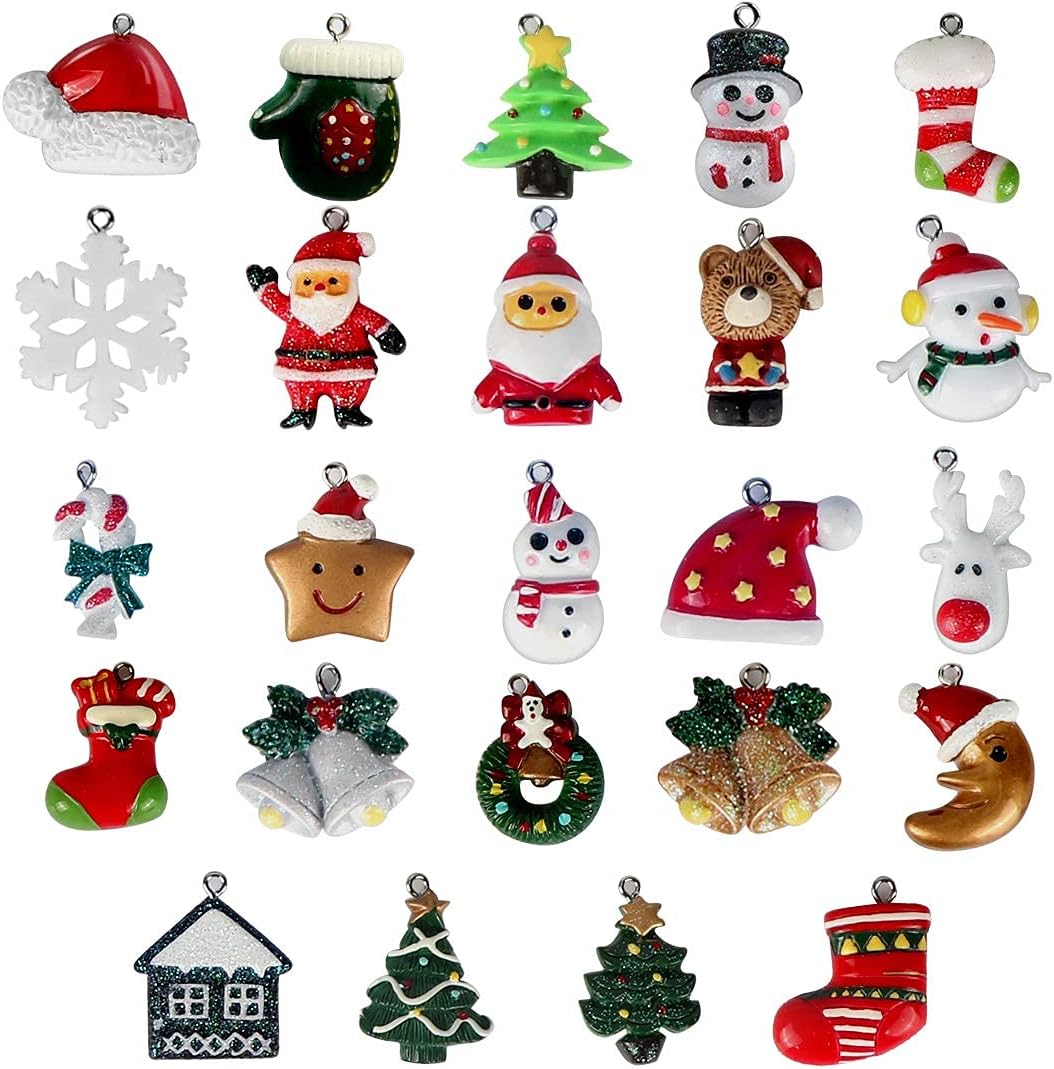 Wiszące ozdoby świąteczne, 24 sztuki miniaturowych ozdób świątecznych, żywiczny Święty Mikołaj, choinka, bałwan, renifer, miniaturowe wiszące ozdoby