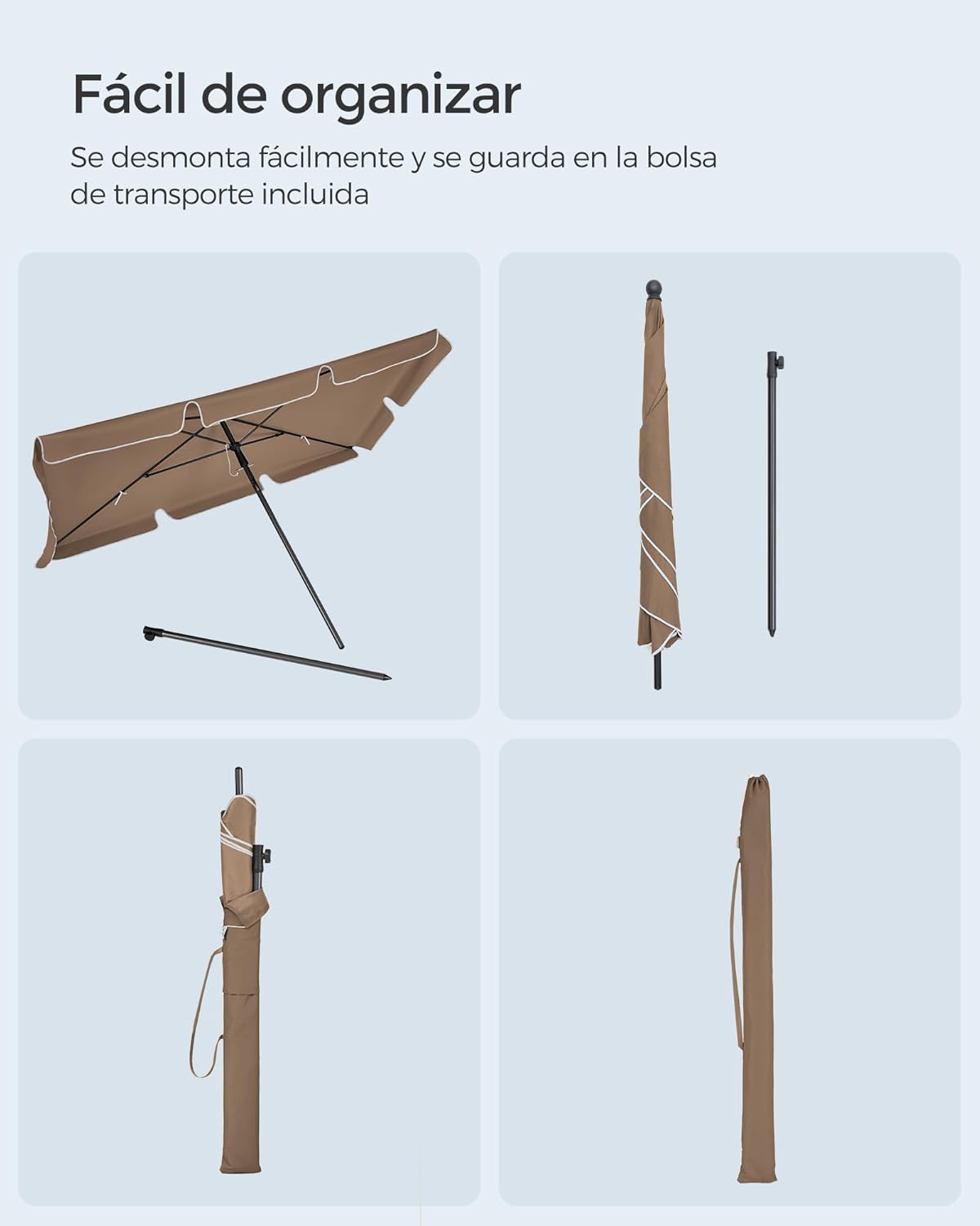 Parasol 200 x 125 cm, Protection Solaire UPF 50+, Inclinable sur 30° dans les 2 sens, Hauteur Réglable, avec Sac de Transport, Marron Noisette - 8