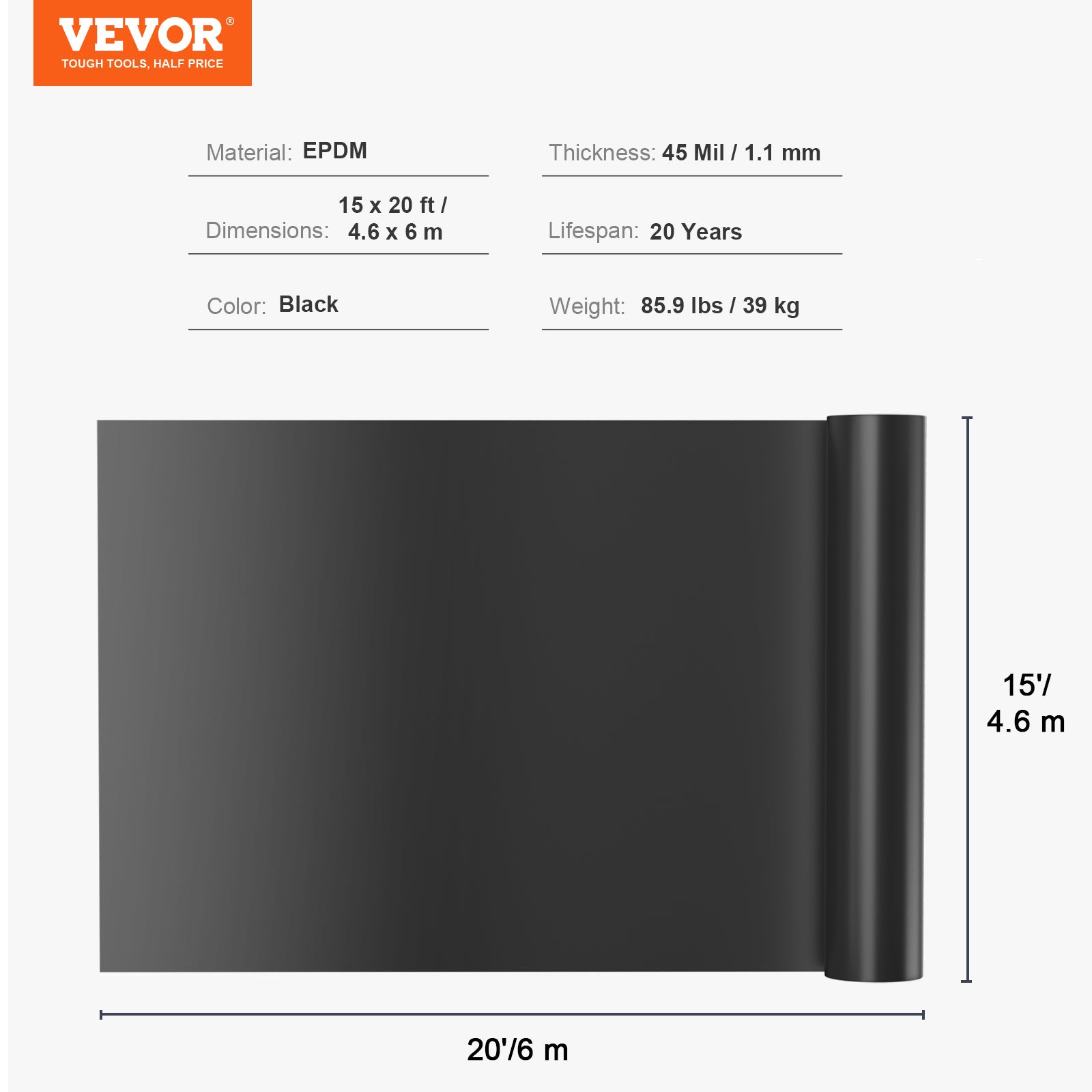Bâche Bassin VEVOR 4,6x6 m Revêtement pour Étang Épaisseur 1,5mm Pliable en EPDM Sous-couche Facile à Découper,Étangs à Poissons,Cascades,Fontaines - 7
